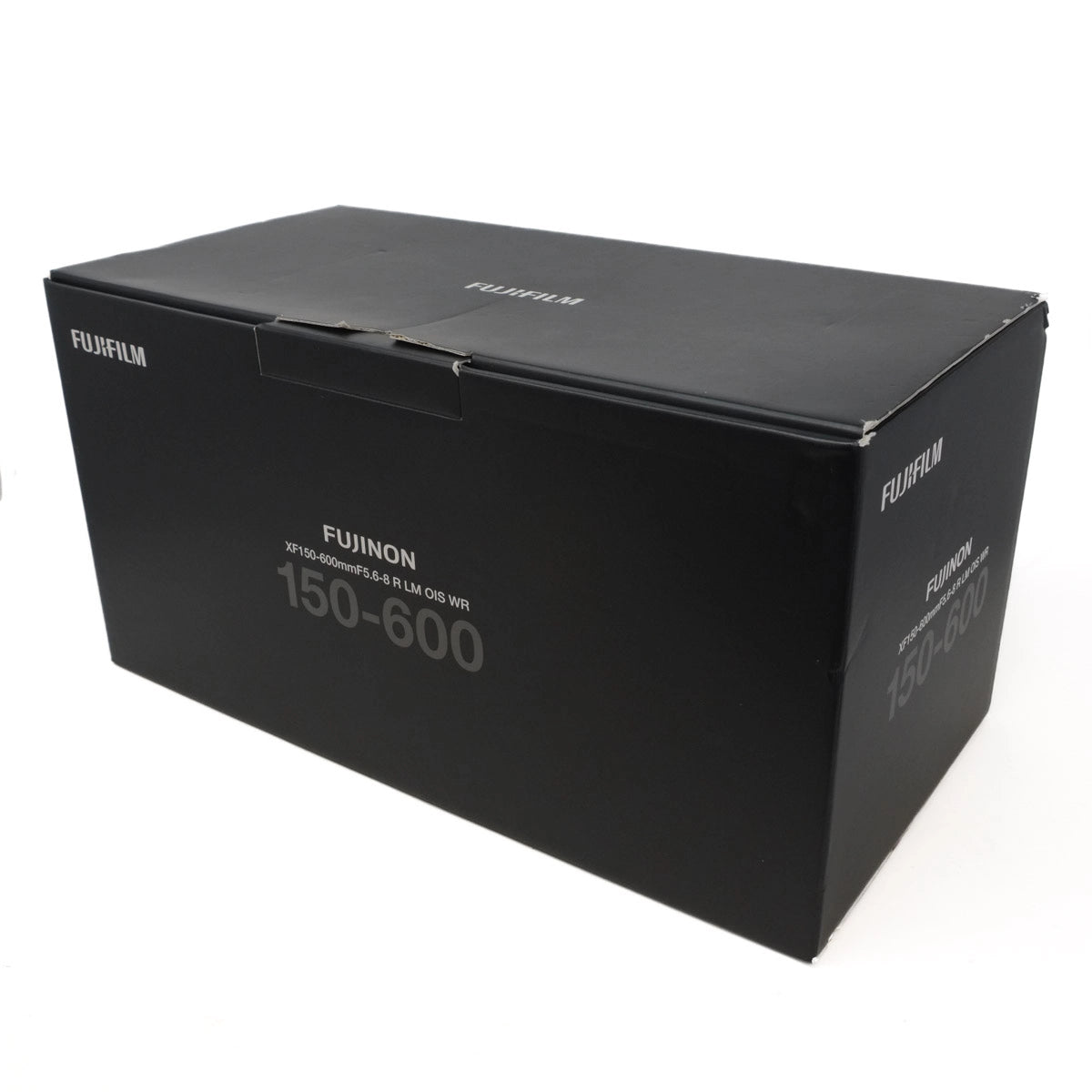 Black Fujifilm camera lens box on a white background