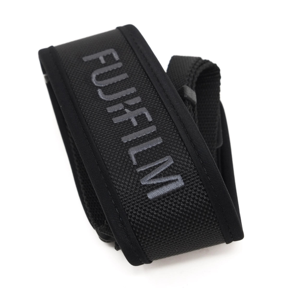 Black camera strap with 'Fujifilm' branding on a white background