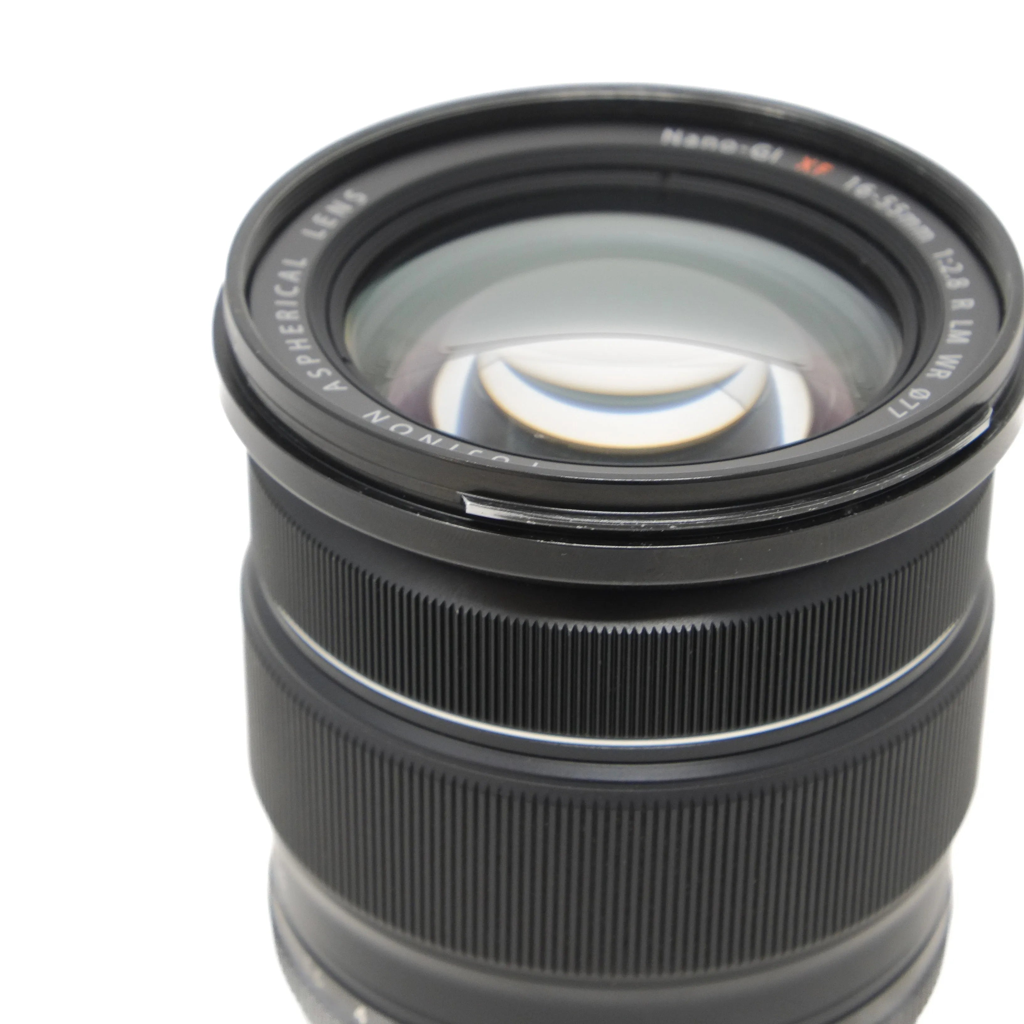 Camera lens with brand name on a white background