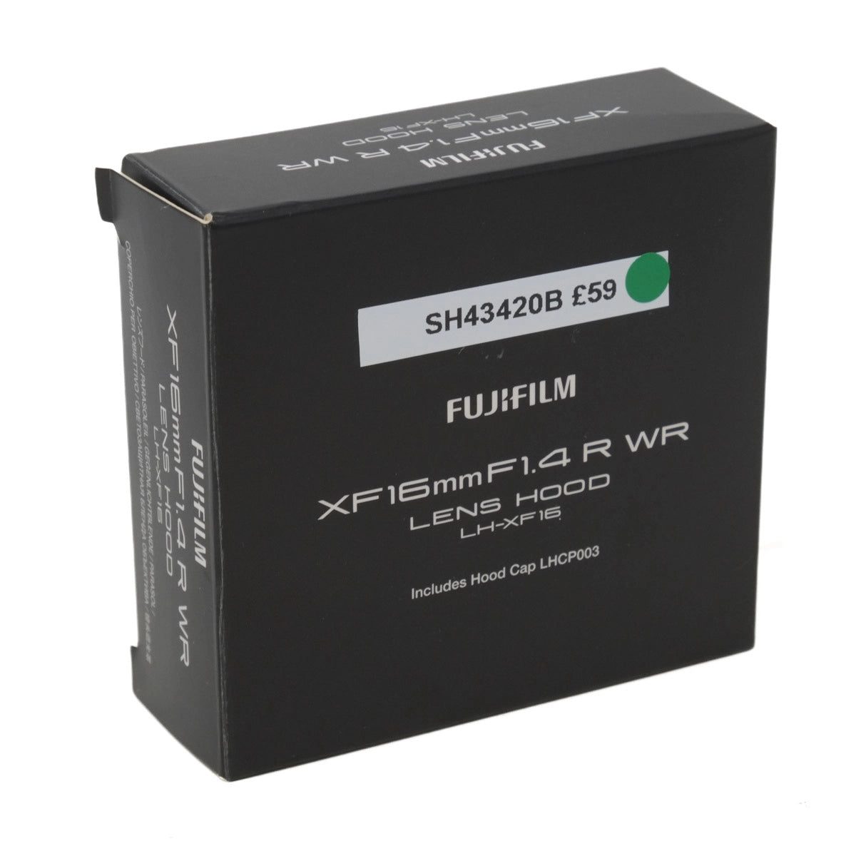 Black box packaging for Fujifilm XF16mmF1.4 R WR lens hood on a white background