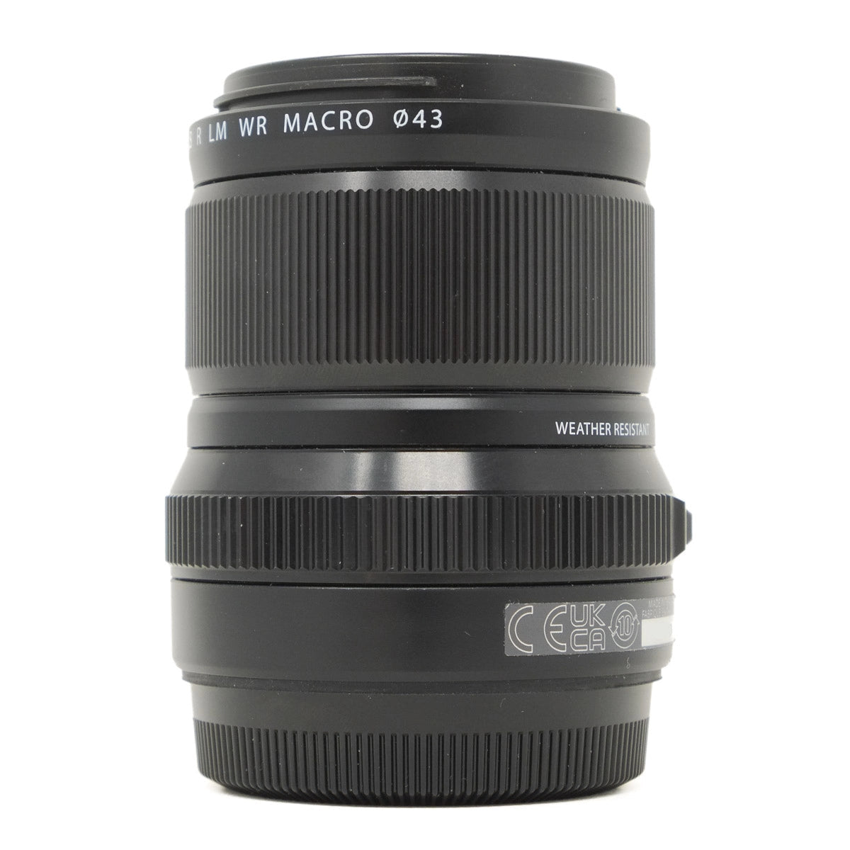 Black camera lens with text on a white background