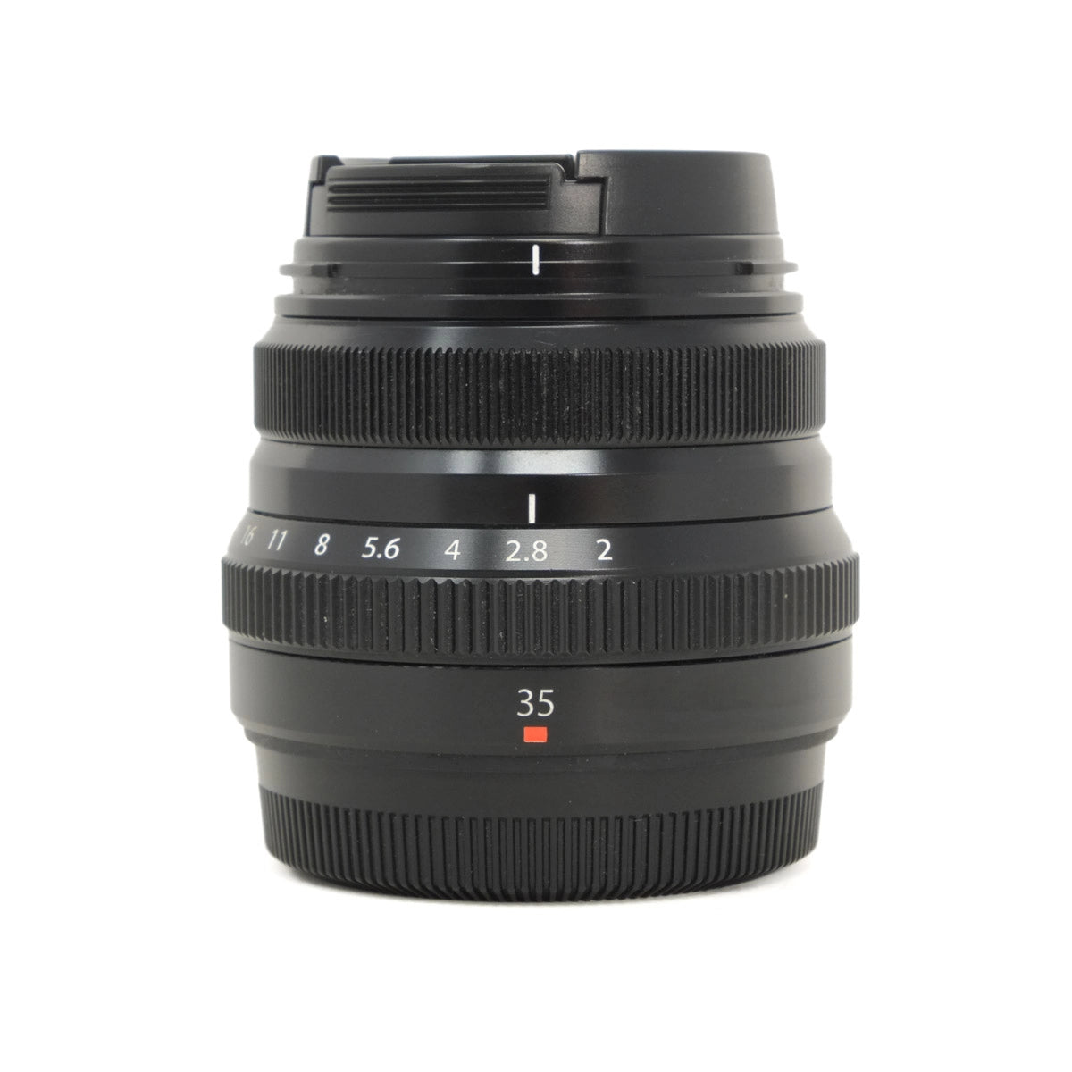 Camera lens with focus and f-number indicators on a white background