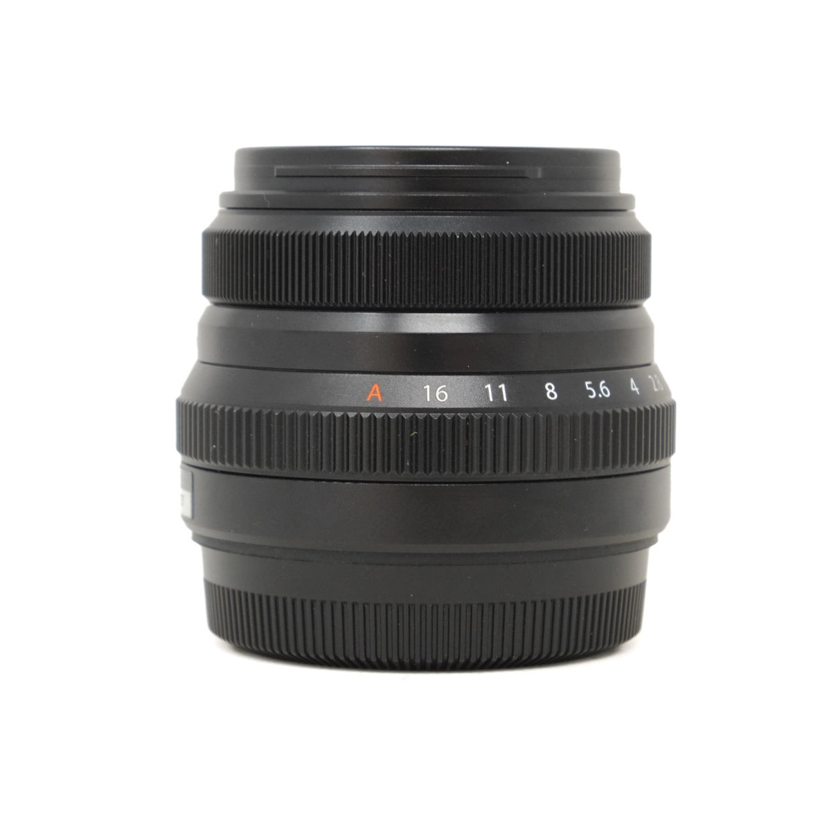 Camera lens with focus ring on a white background