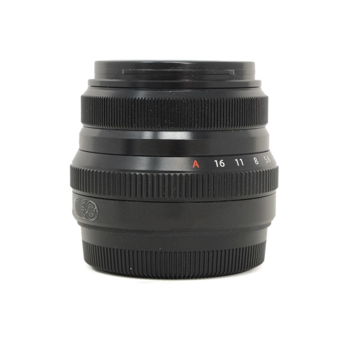 Black camera lens on a white background
