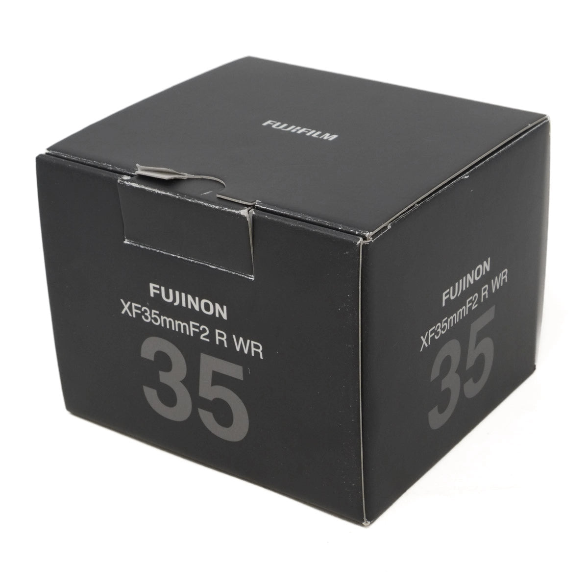 Black box packaging for Fujinon XF35mmF2 R WR camera lens on a white background