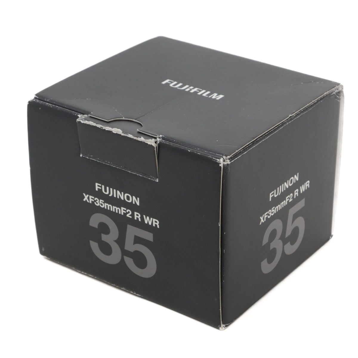 Black box with Fujifilm branding and 'XF35mmF2 R WR' text on a white background