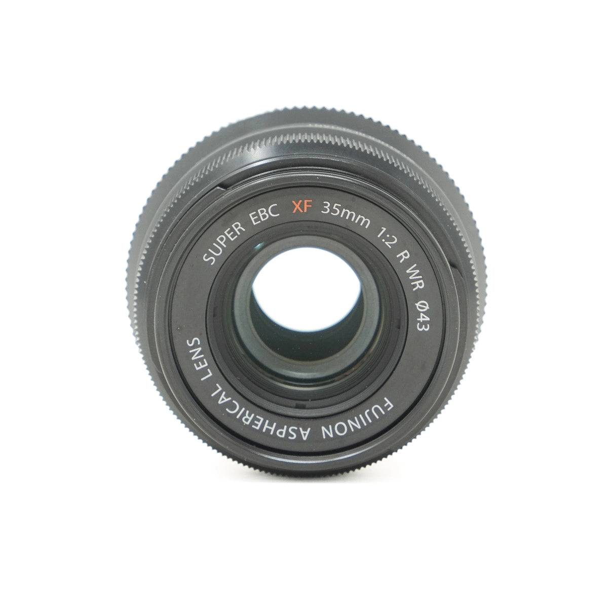 Camera lens with text on a white background