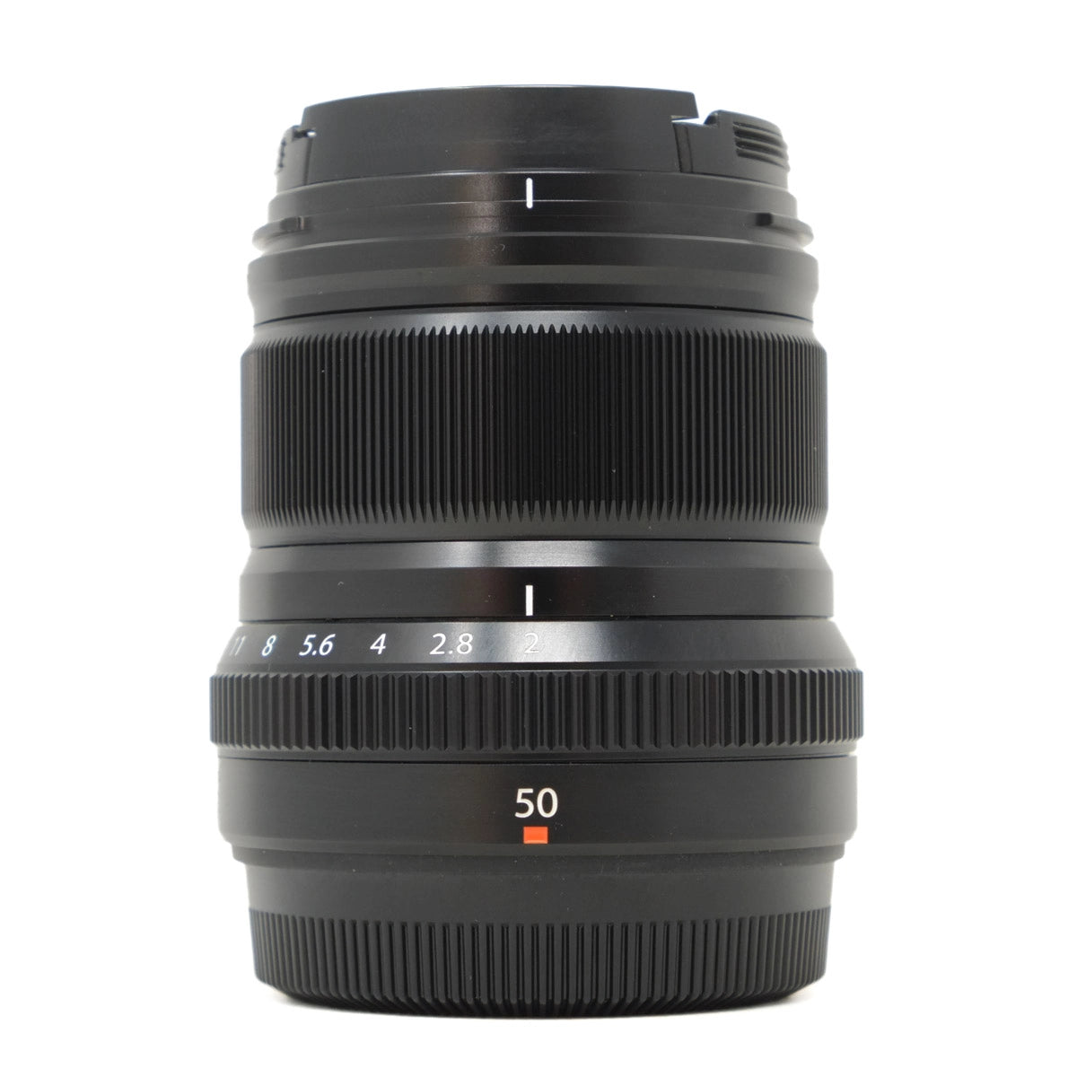 Camera lens with focus ring and number markings on a white background