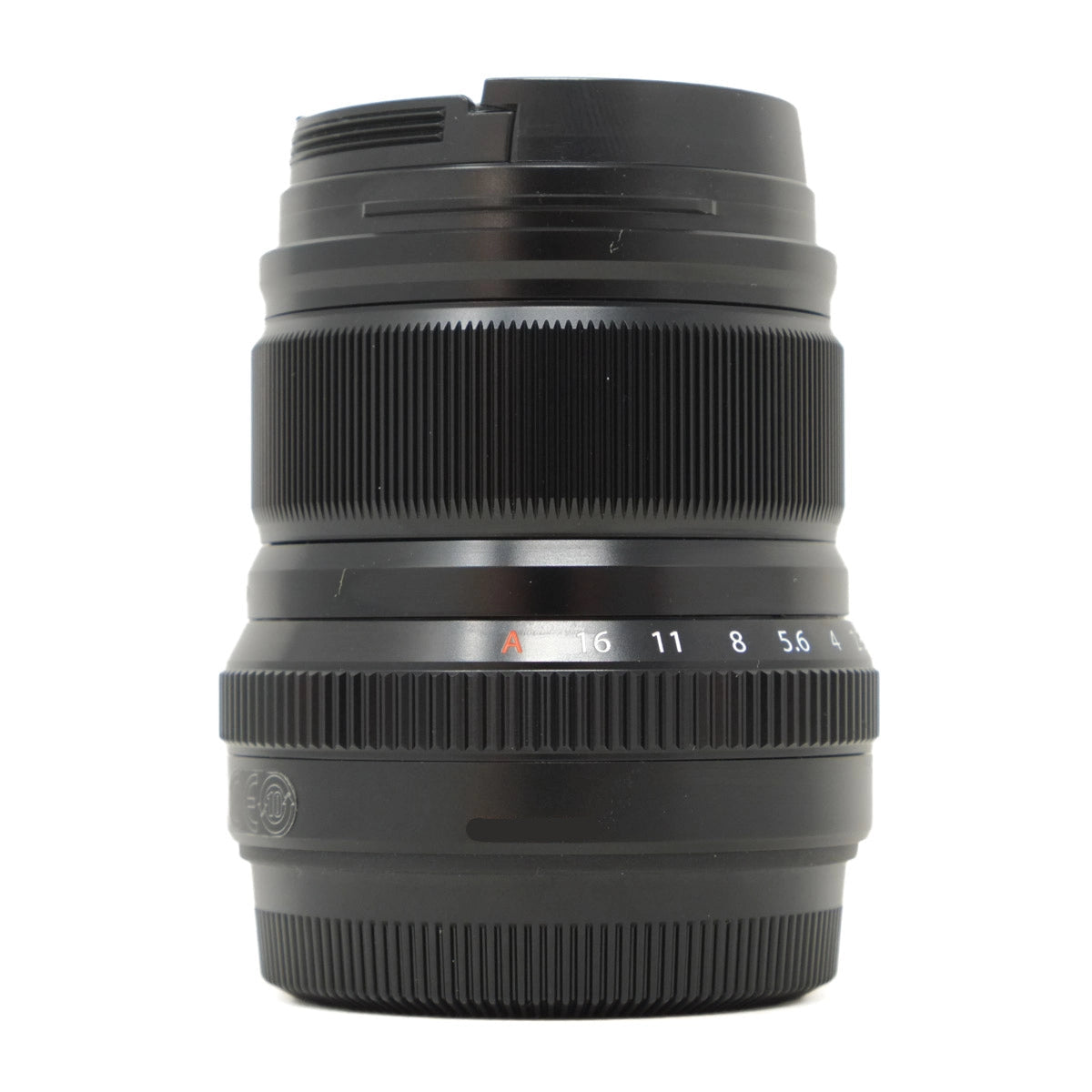 Black camera lens on a white background