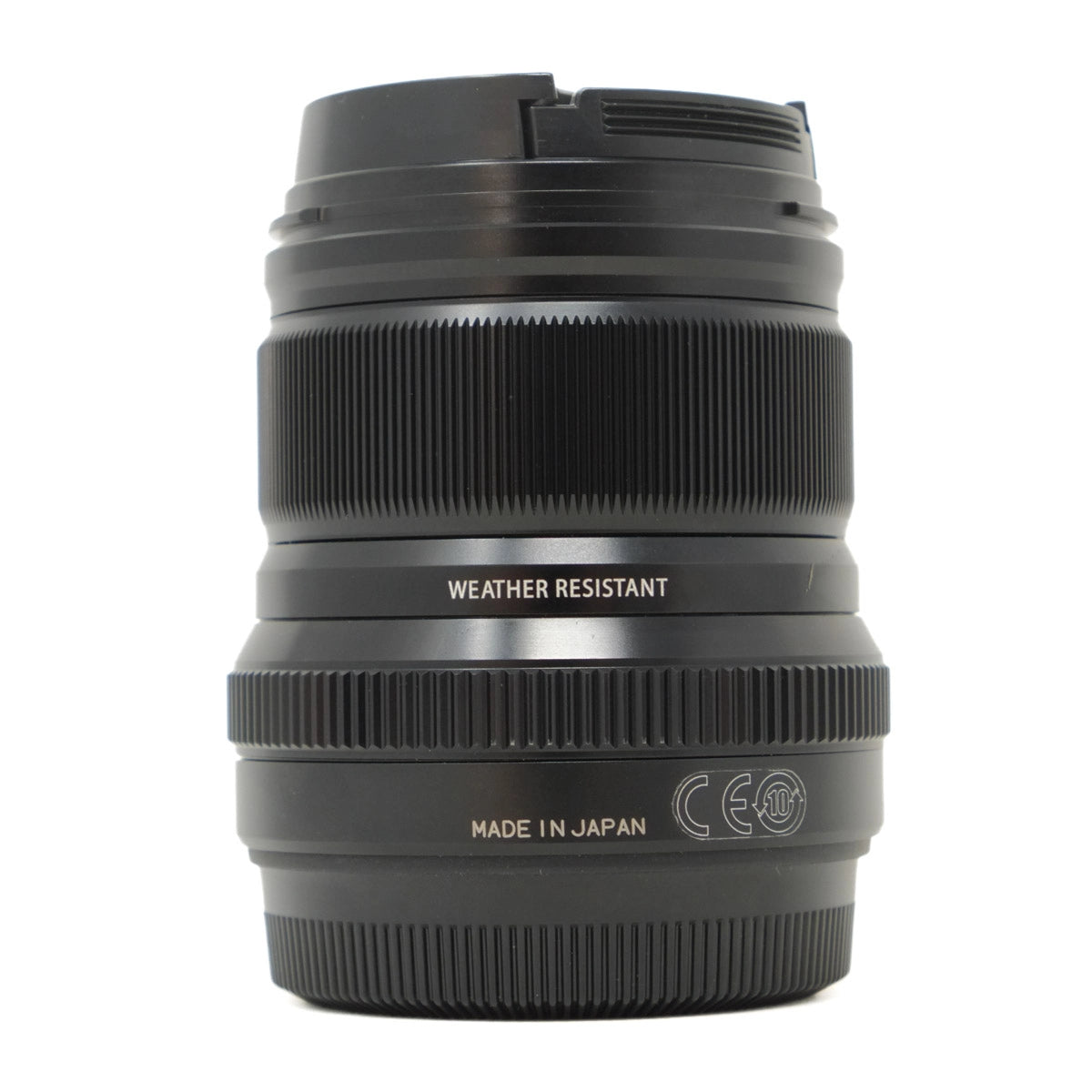 Black camera lens with 'Weather Resistant' and 'Made in Japan' text on a white background