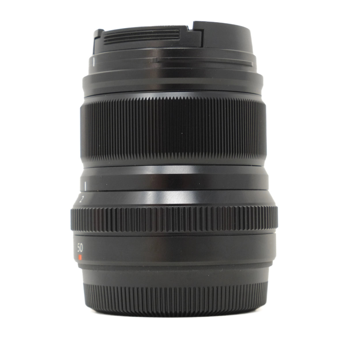 Black camera lens on a white background