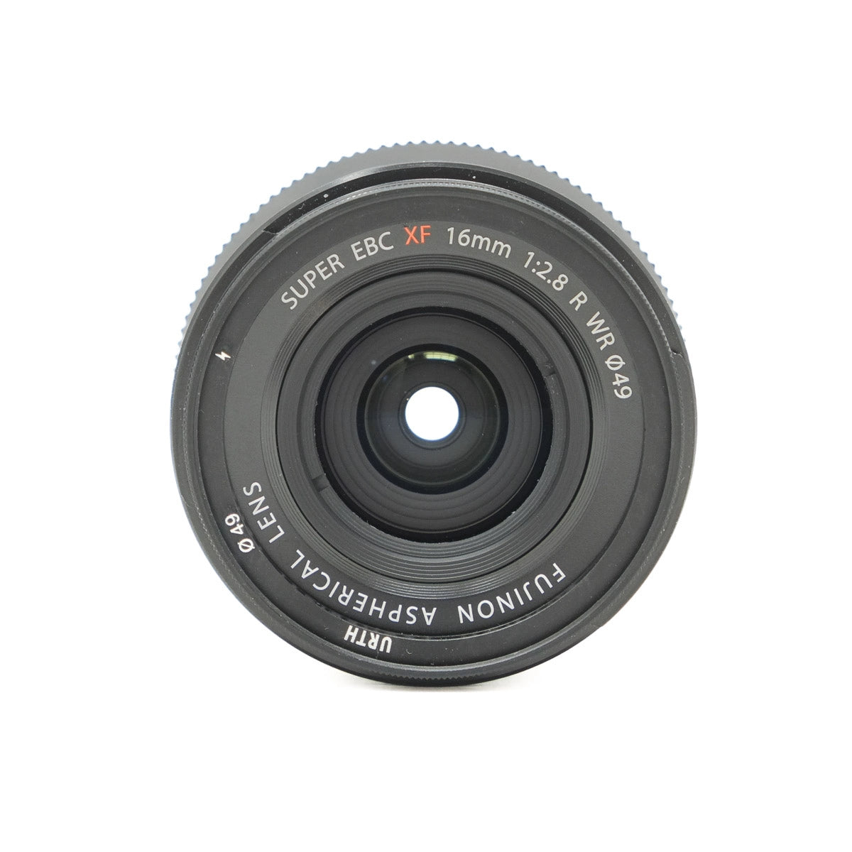 Camera lens with text on a white background