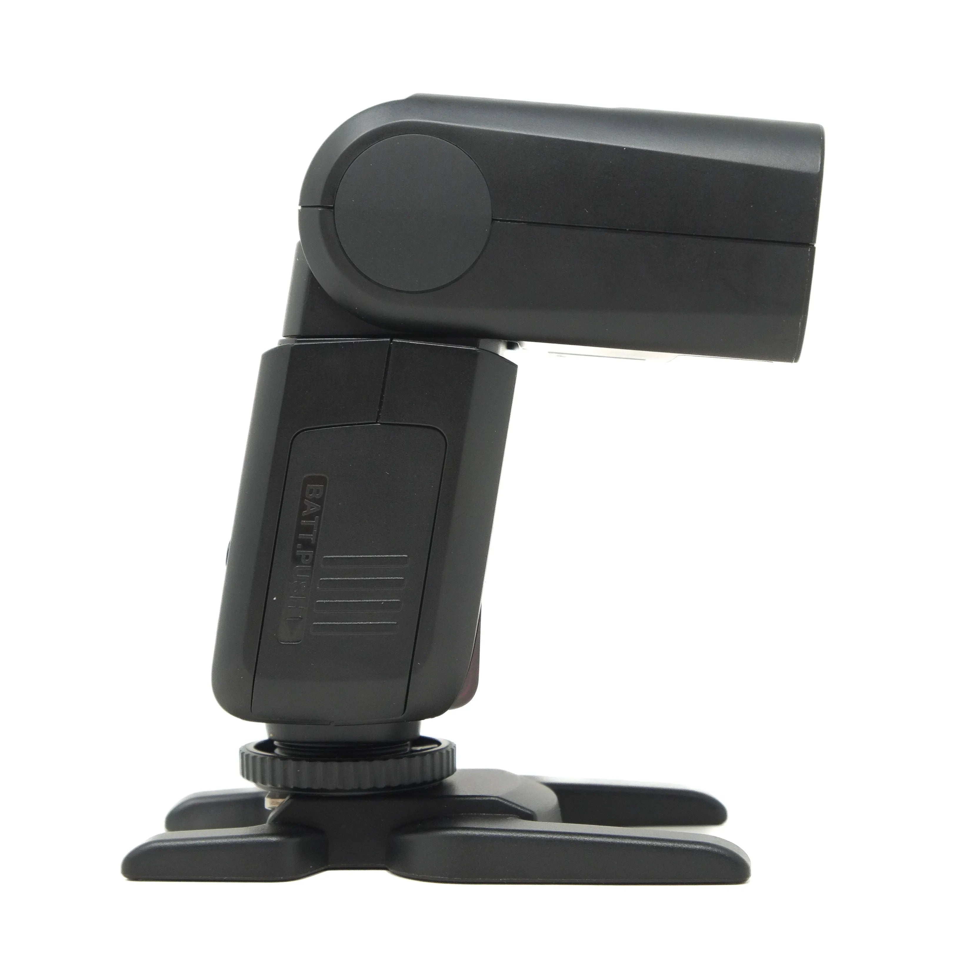 Black camera flash with adjustable arm on a white background