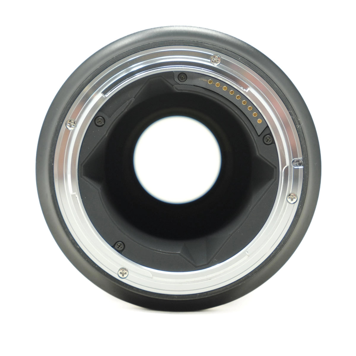 Close-up of a camera lens mount on a white background