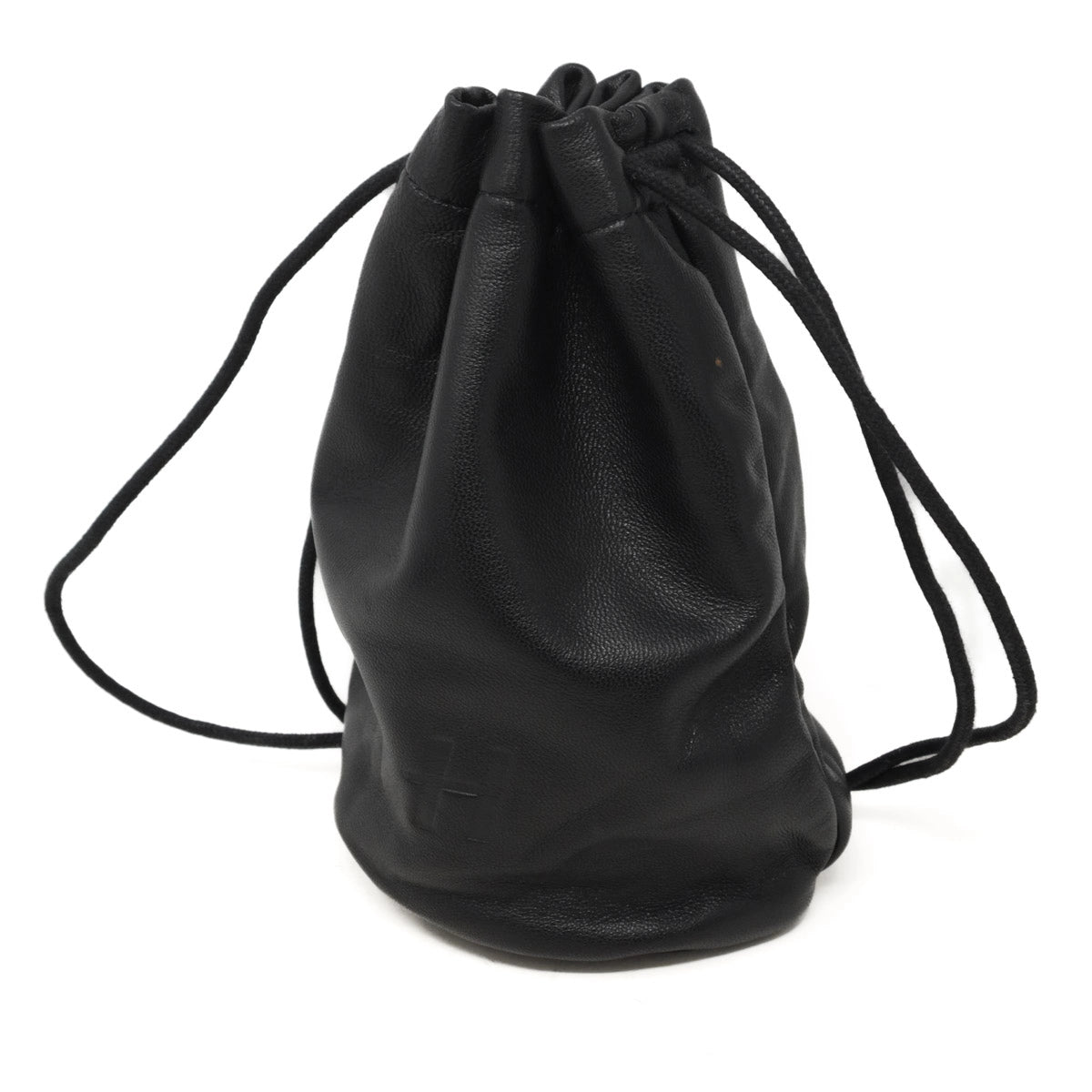 Black leather drawstring bag on a white background