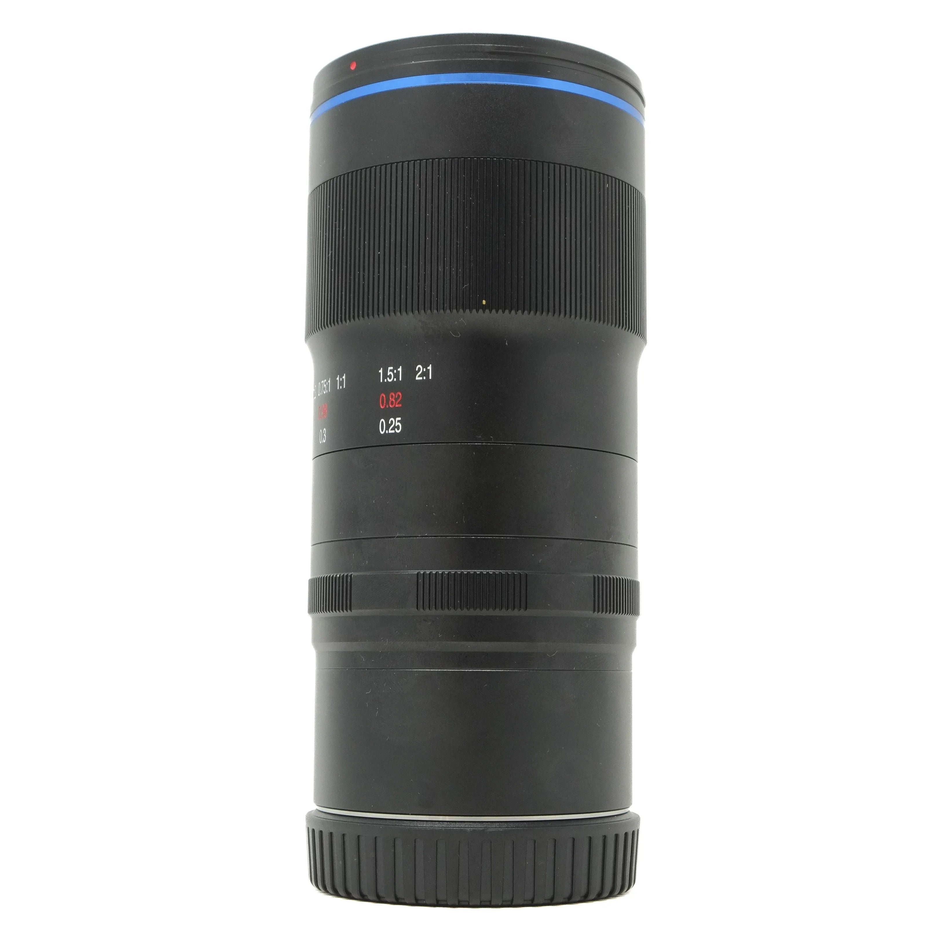 Black camera lens with focus and aperture information on a white background