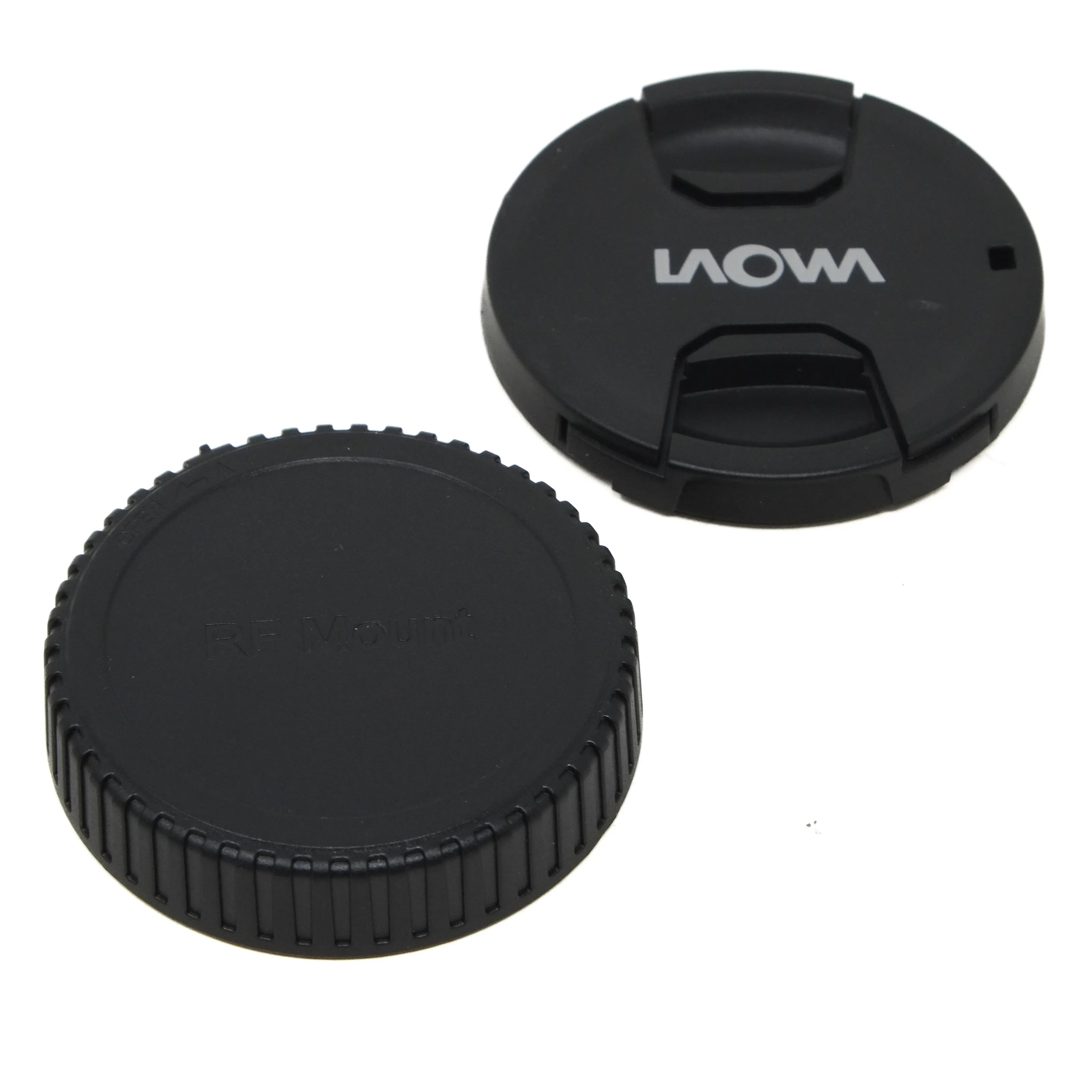 Two black camera lens caps with 'Laowa' branding on a white background
