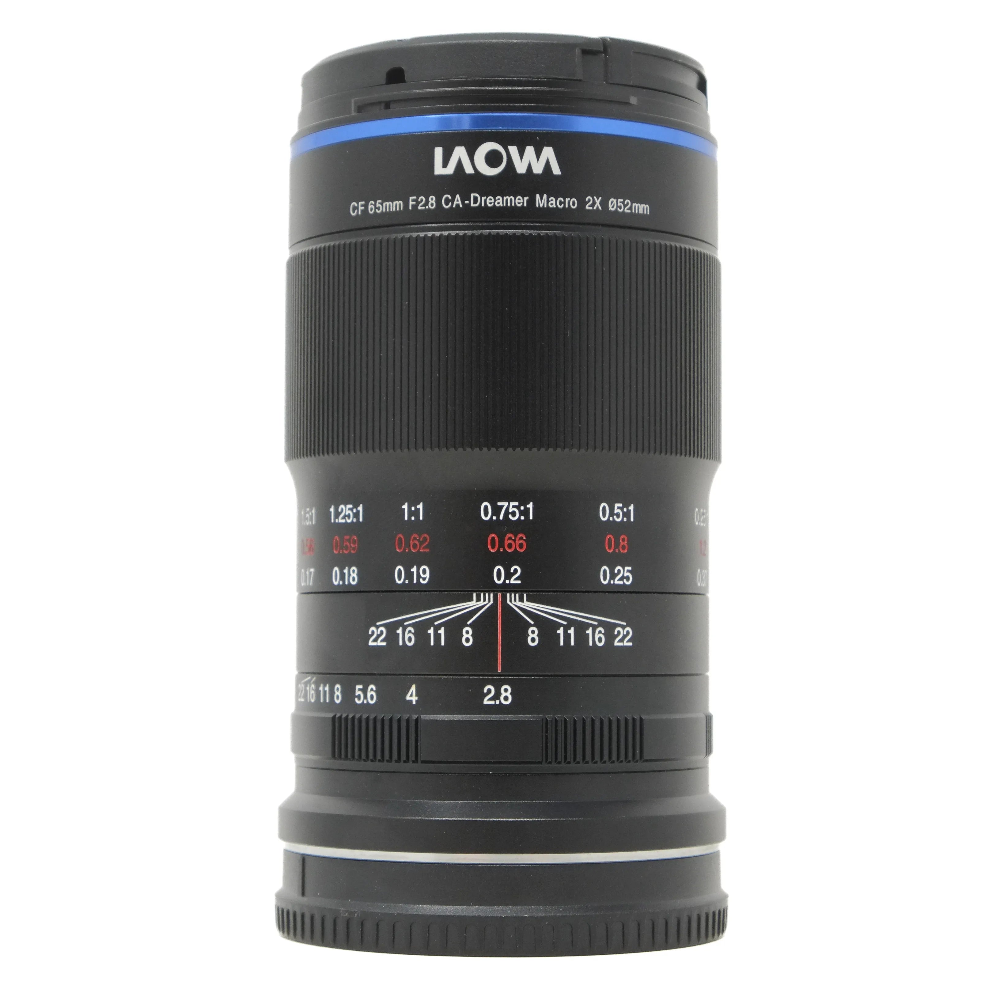 Camera lens with focus scale and LAOWA branding on a white background