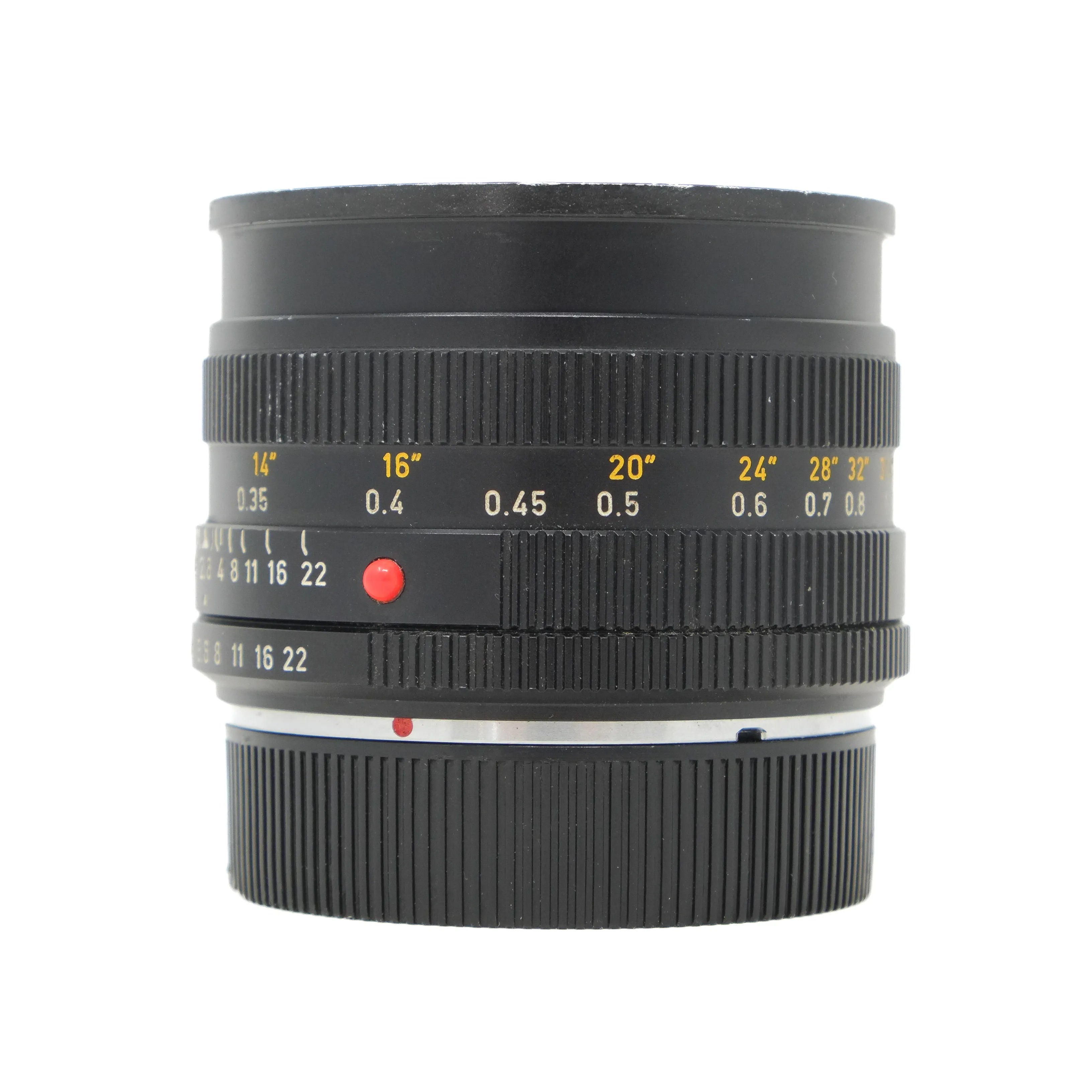 Camera lens with focus scale on a white background