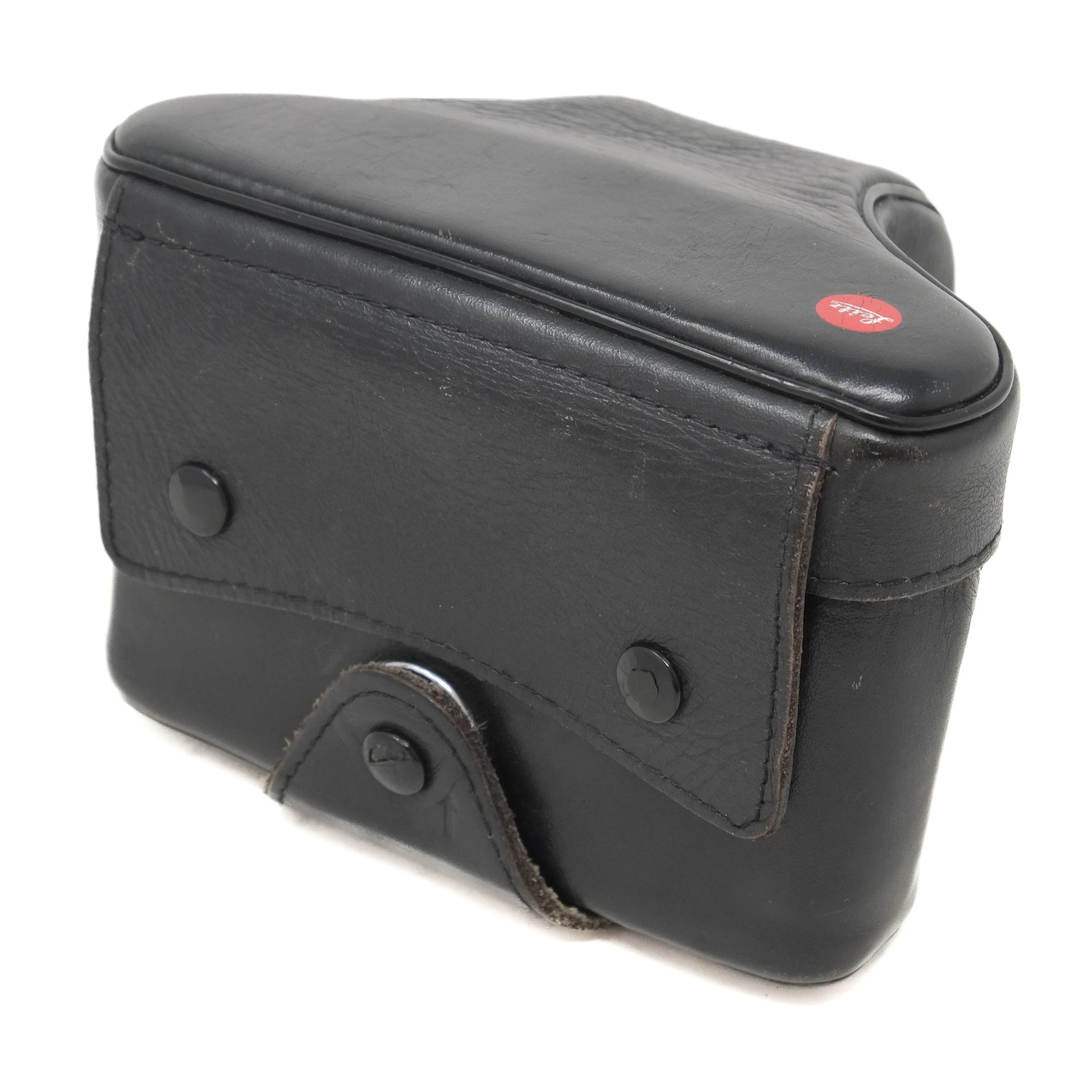 Black leather camera case with a visible brand logo on a white background