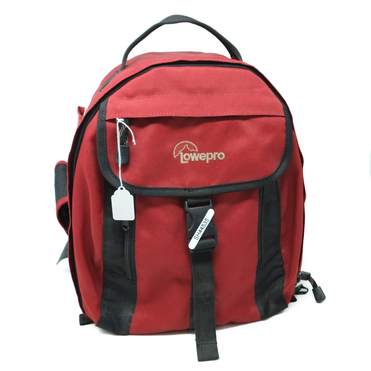 Red backpack with black straps on a white background