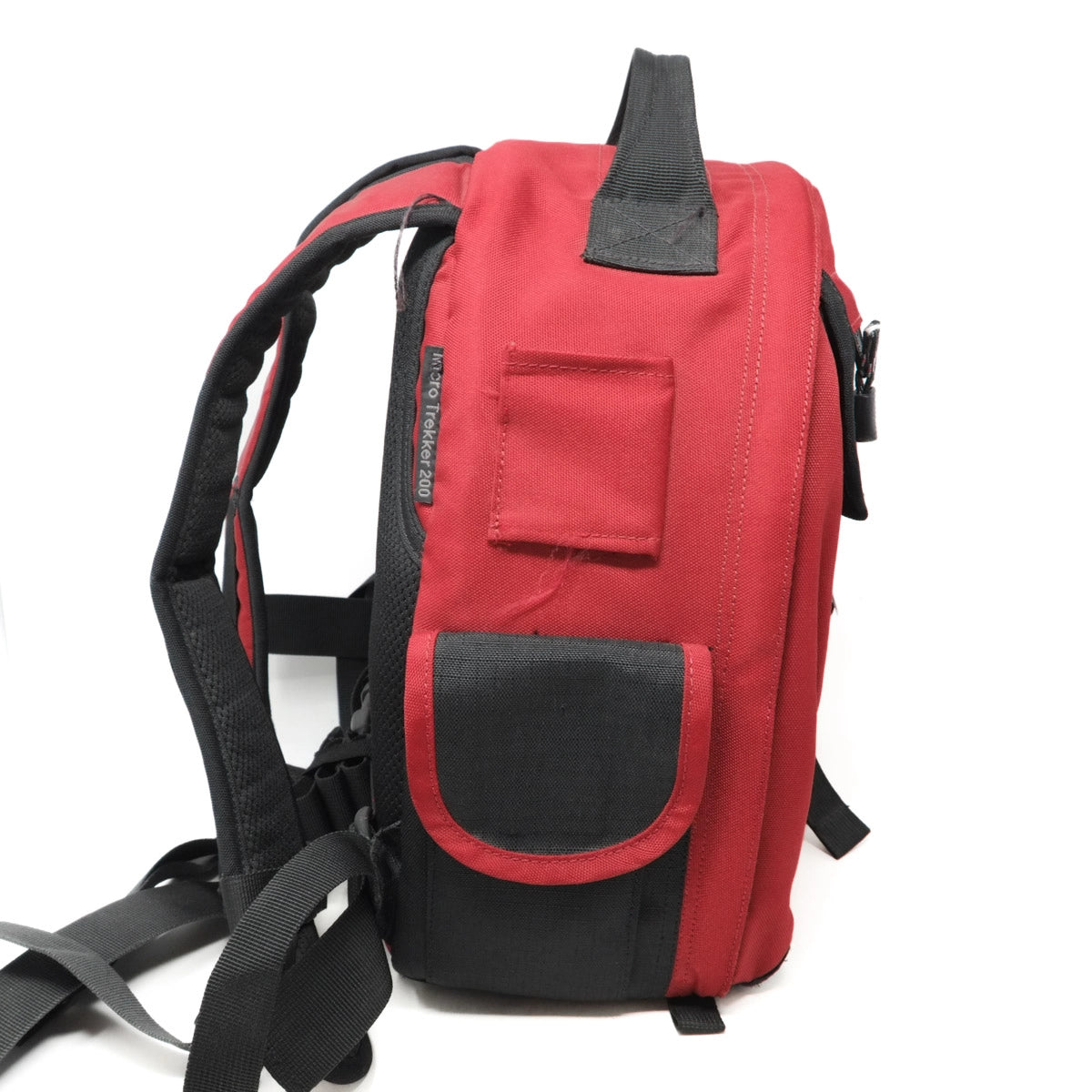 Red and black backpack on a white background