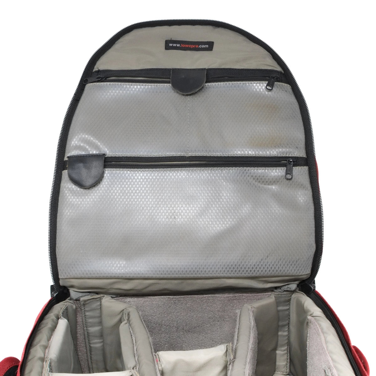 Open backpack showing interior compartments on a white background