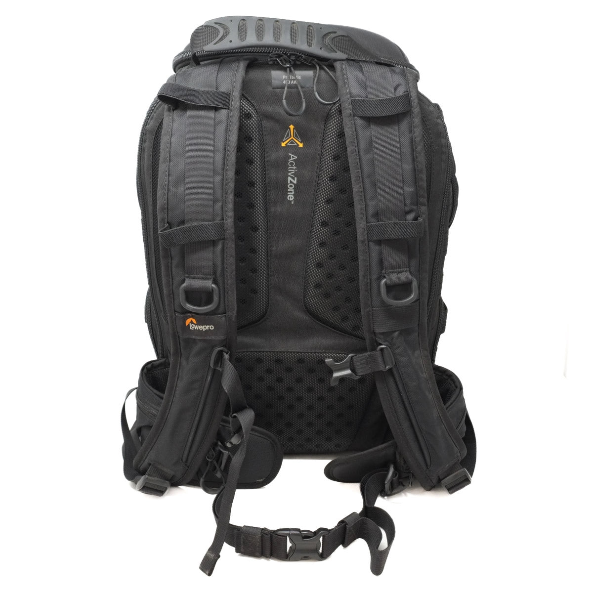 Black backpack with visible brand logos on a white background