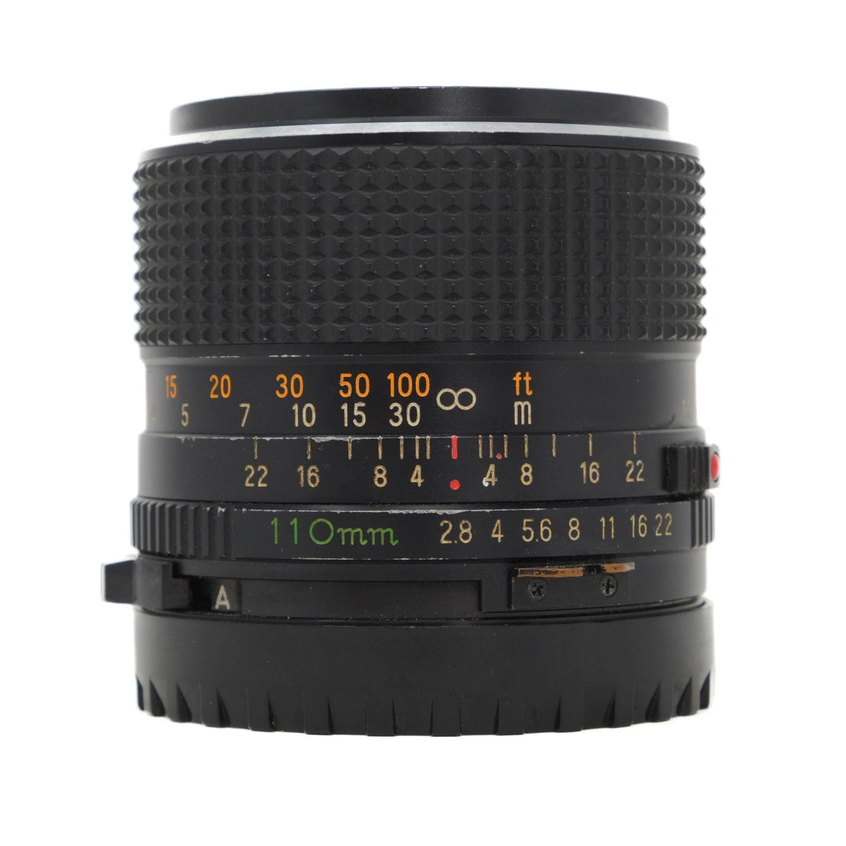 Camera lens with focus scale and markings on a white background