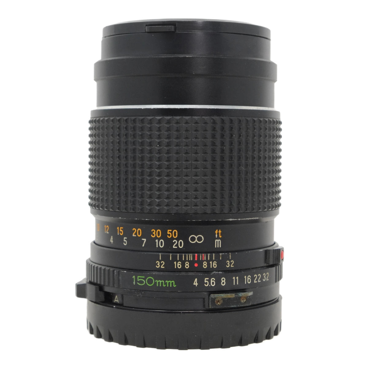 Black camera lens with focus scale on a white background