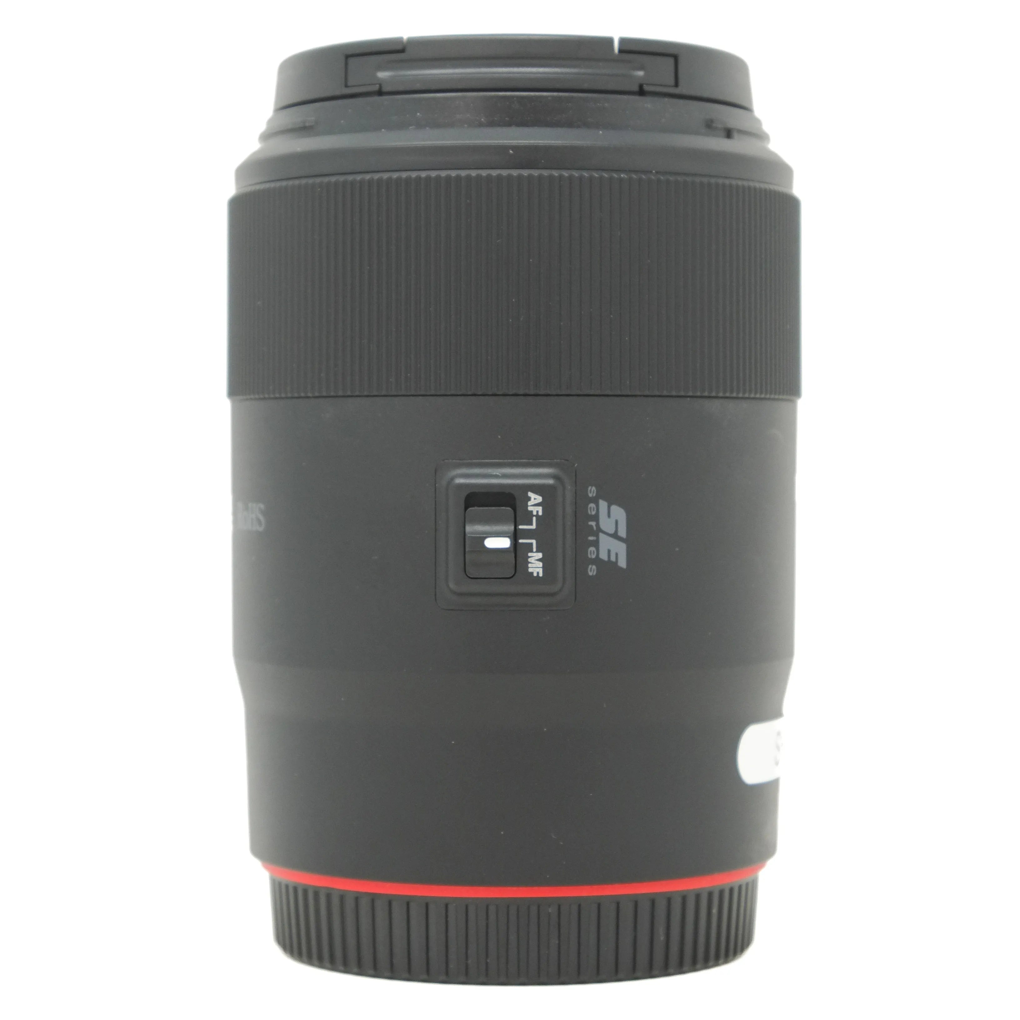 Camera lens with brand logo on a white background