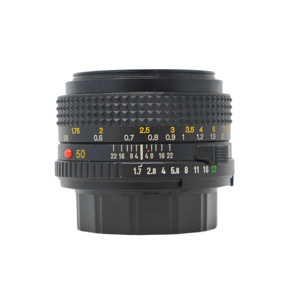Camera lens with focus and aperture controls on a white background