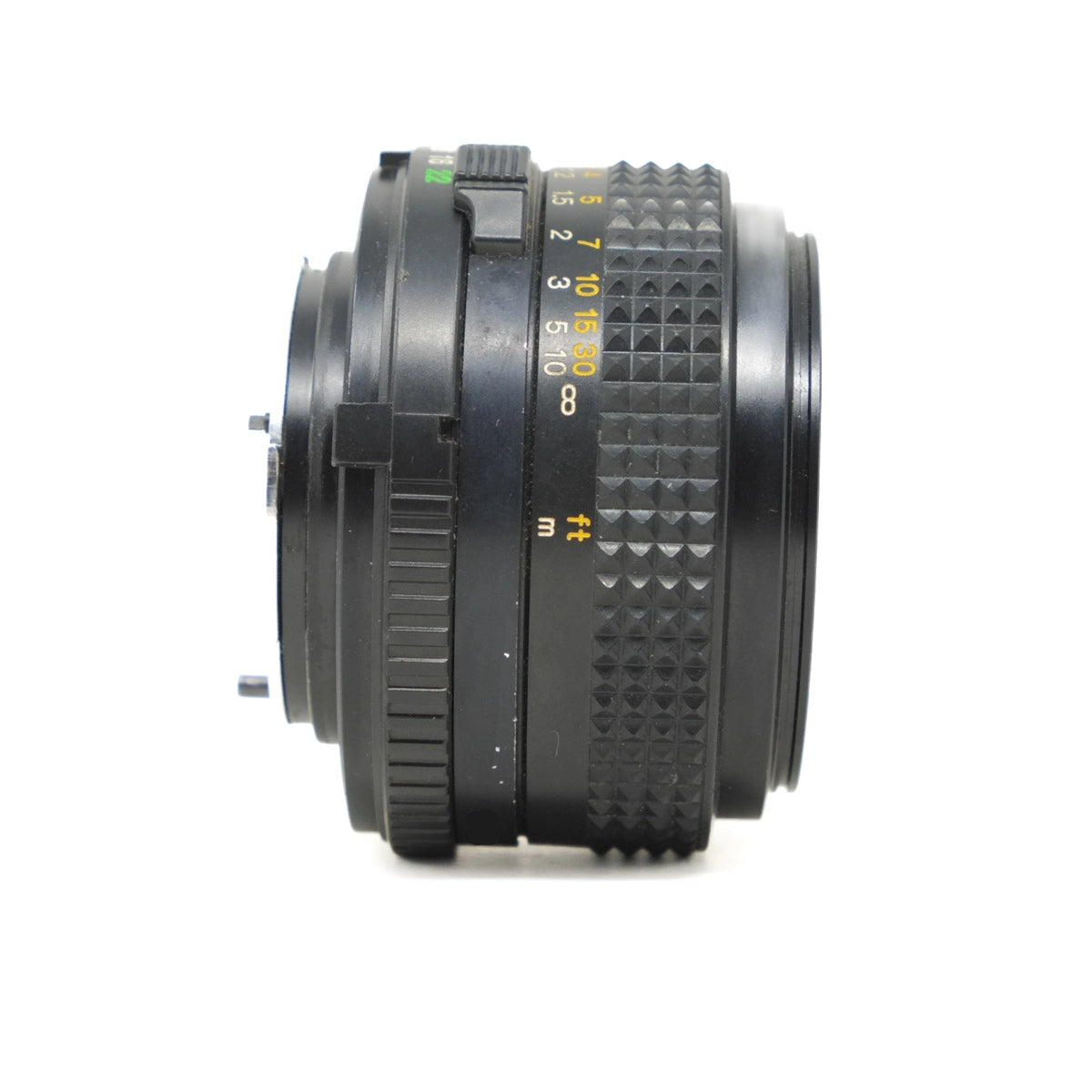 Camera lens with focus and diaphragm control on a white background