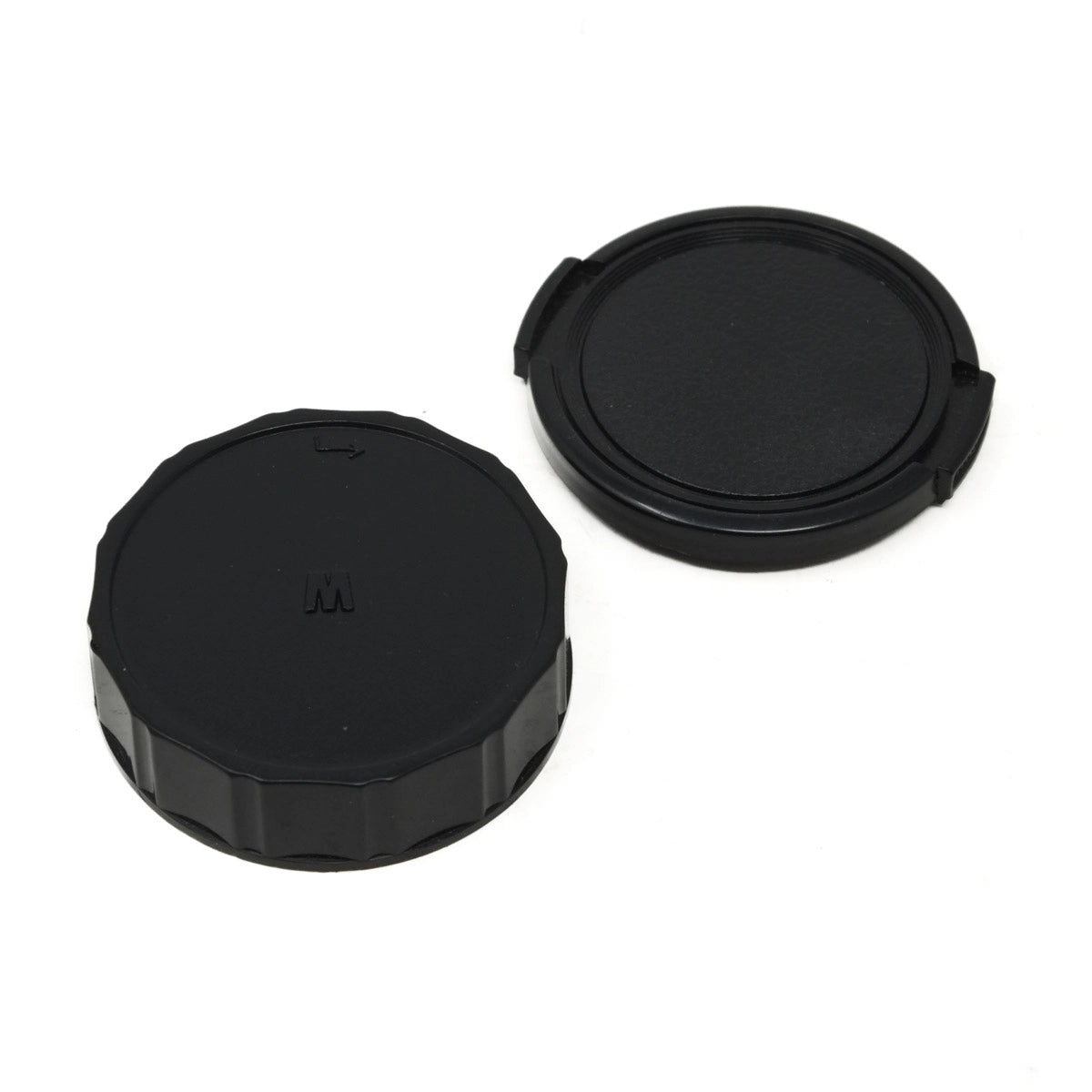 Two black camera lens caps on a white background