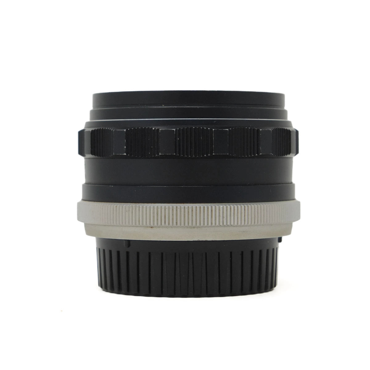 Camera lens with black and beige design on a white background
