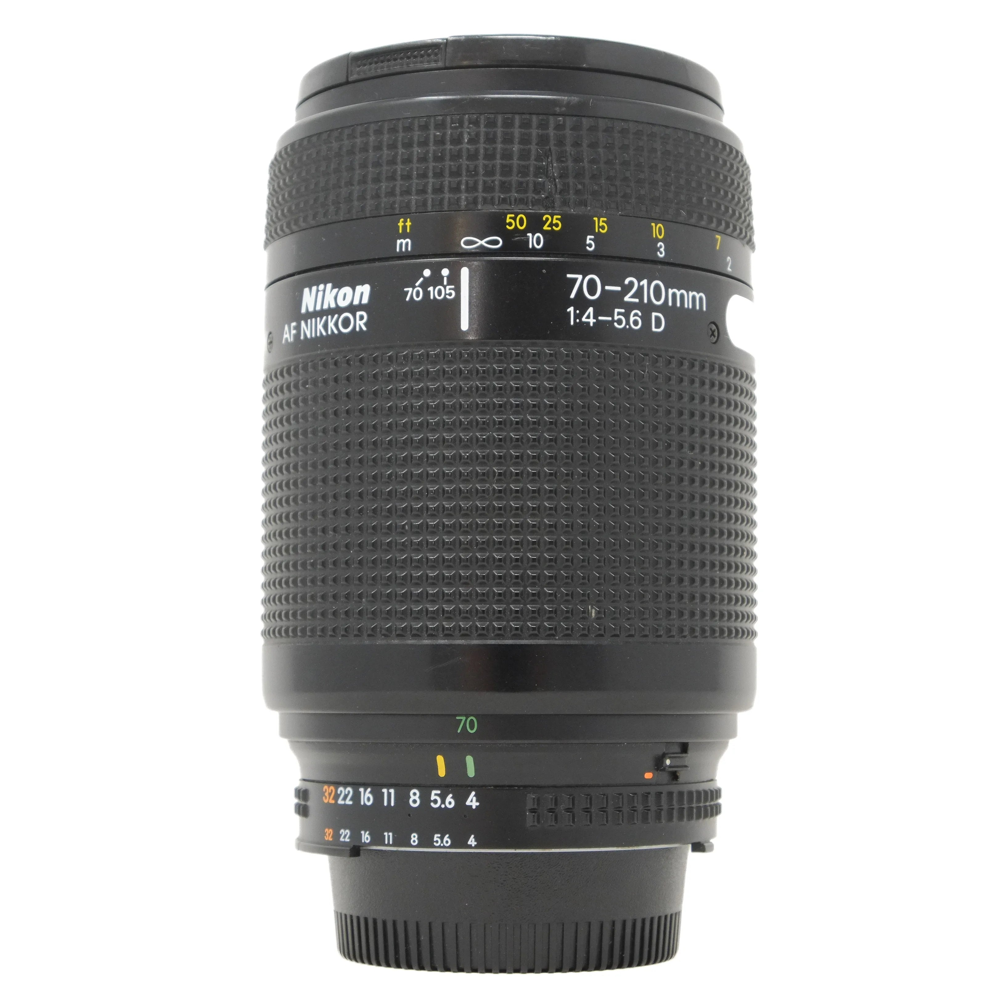 Nikon AF Nikkor 70-210mm camera lens on a white background