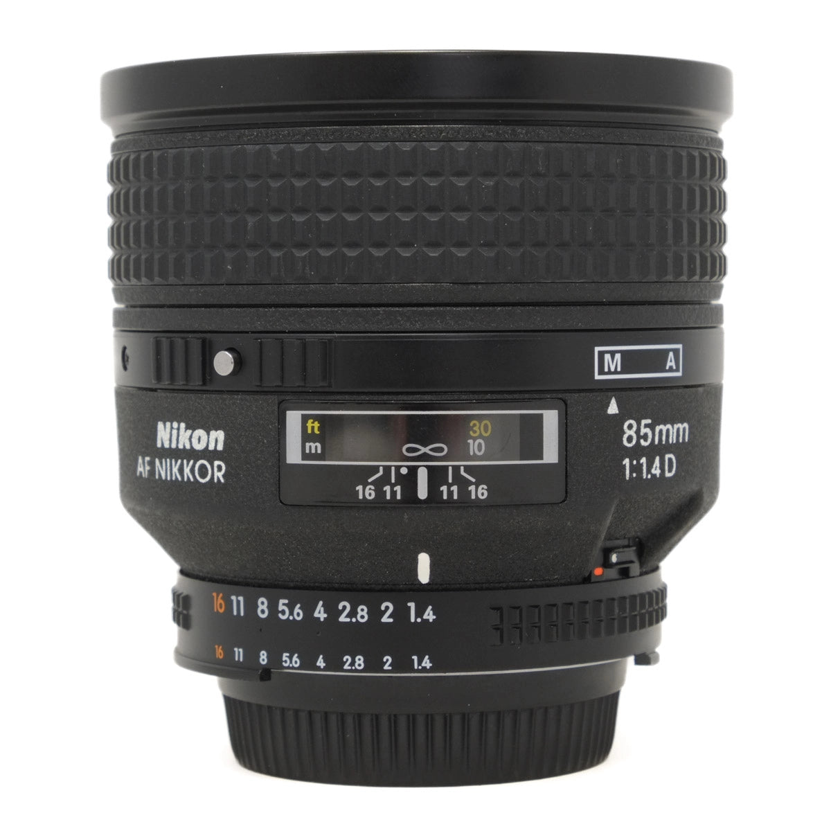 Nikon AF Nikkor camera lens on a white background
