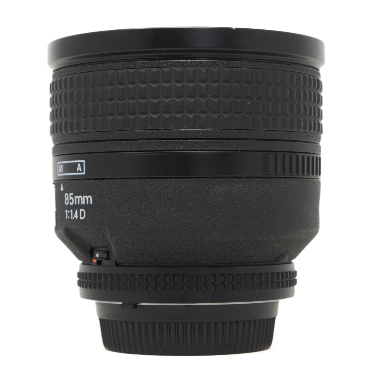 Black camera lens with text on a white background