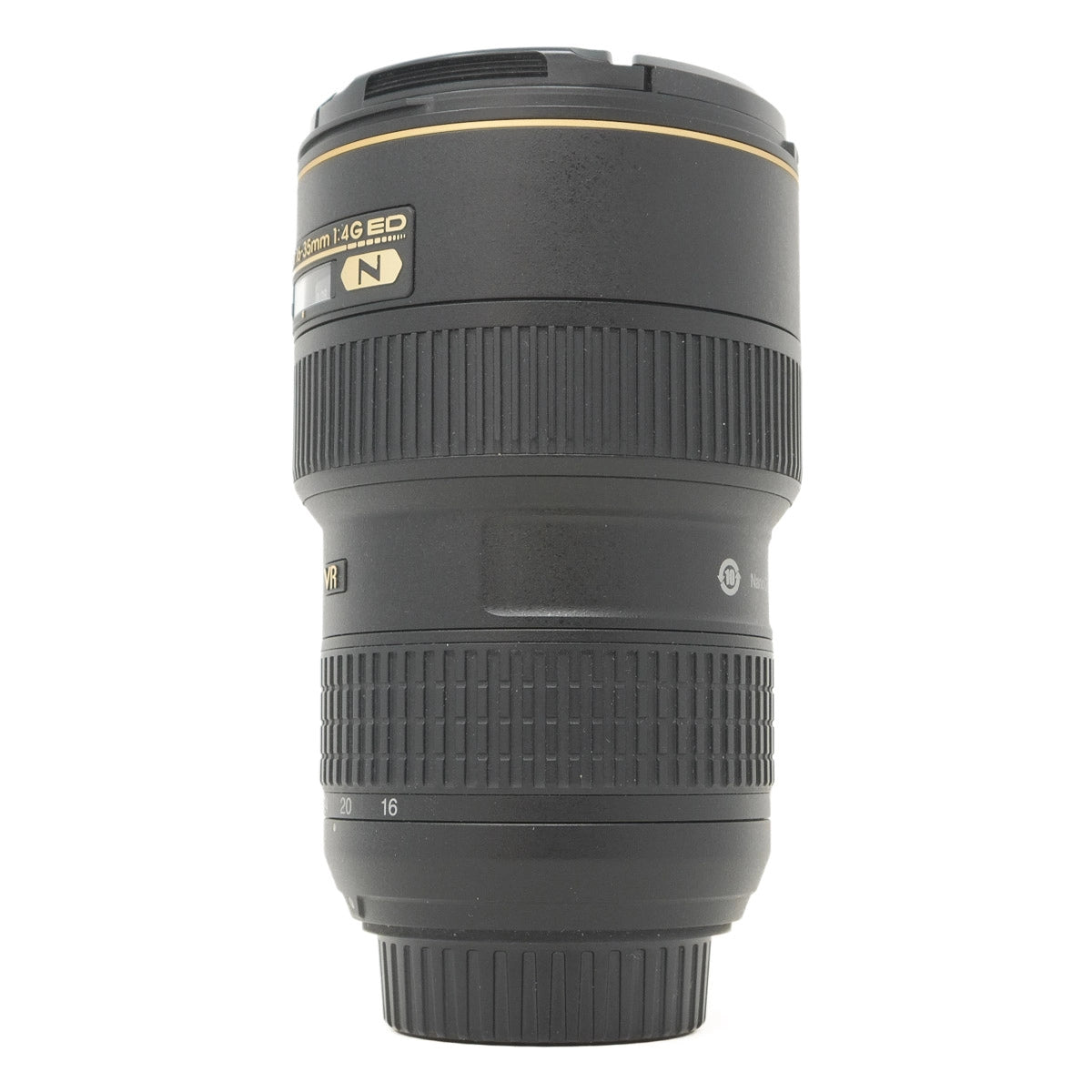 Camera lens with branding on a white background