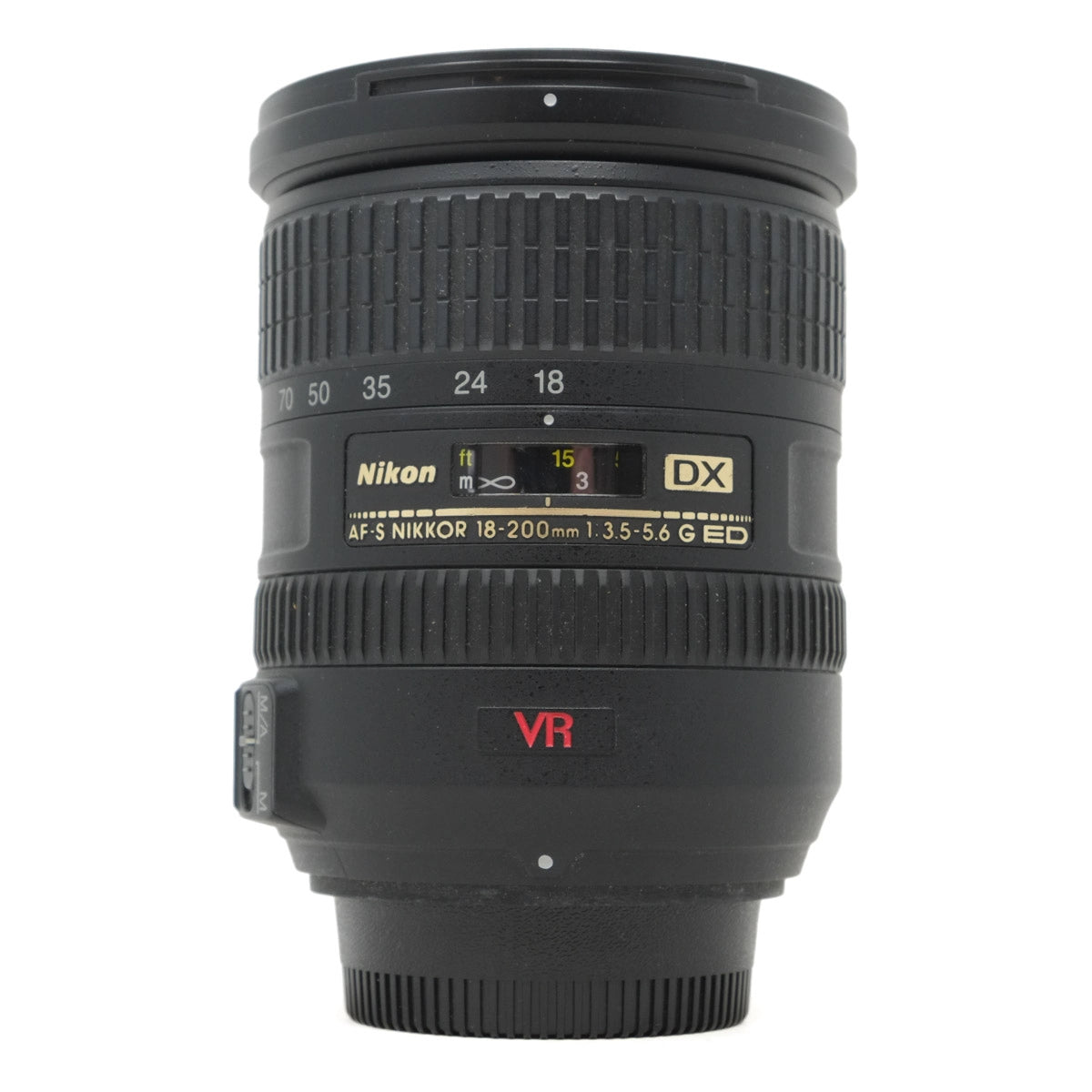 Nikon camera lens with specifications on a white background