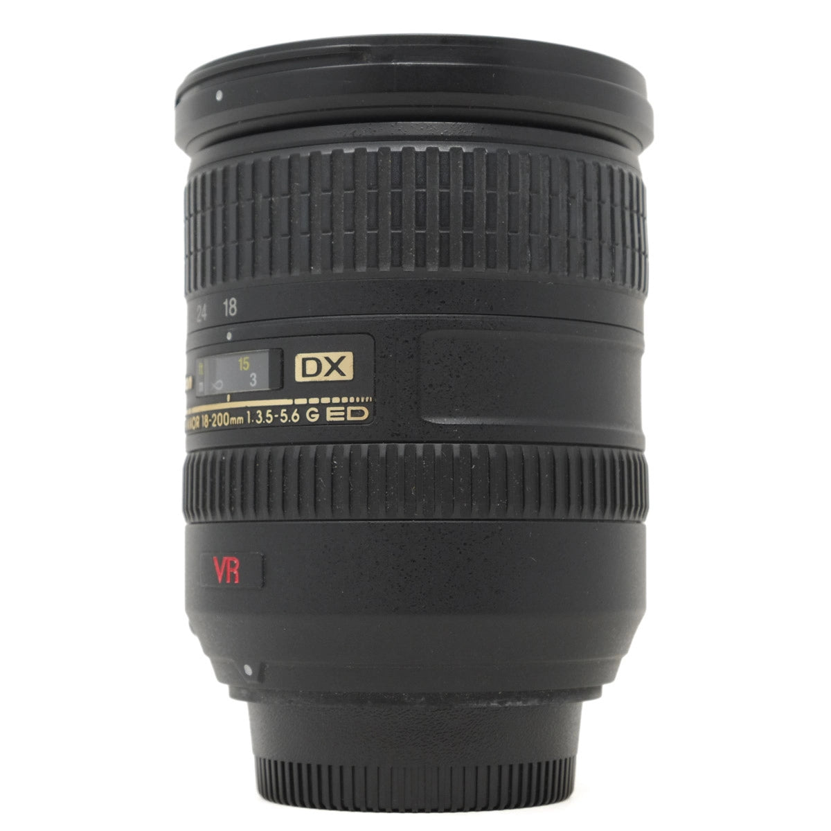 Camera lens with text and branding on a white background
