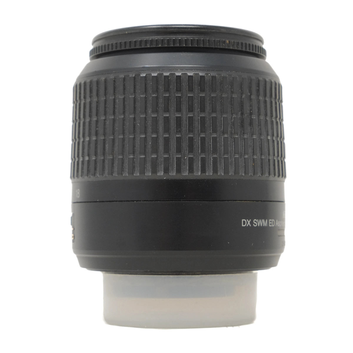 Camera lens with text on a white background