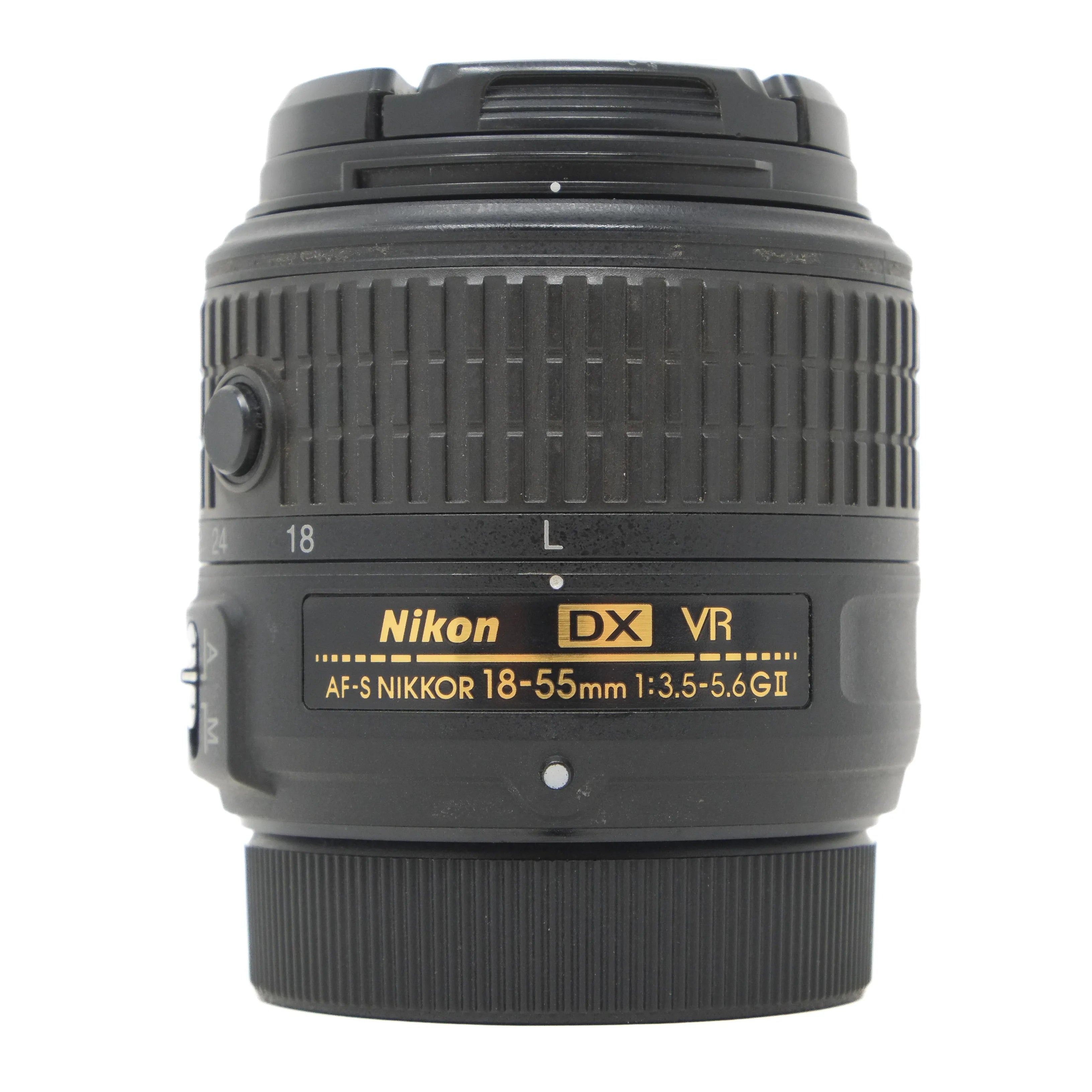 Nikon AF-S Nikkor 18-55mm camera lens on a white background
