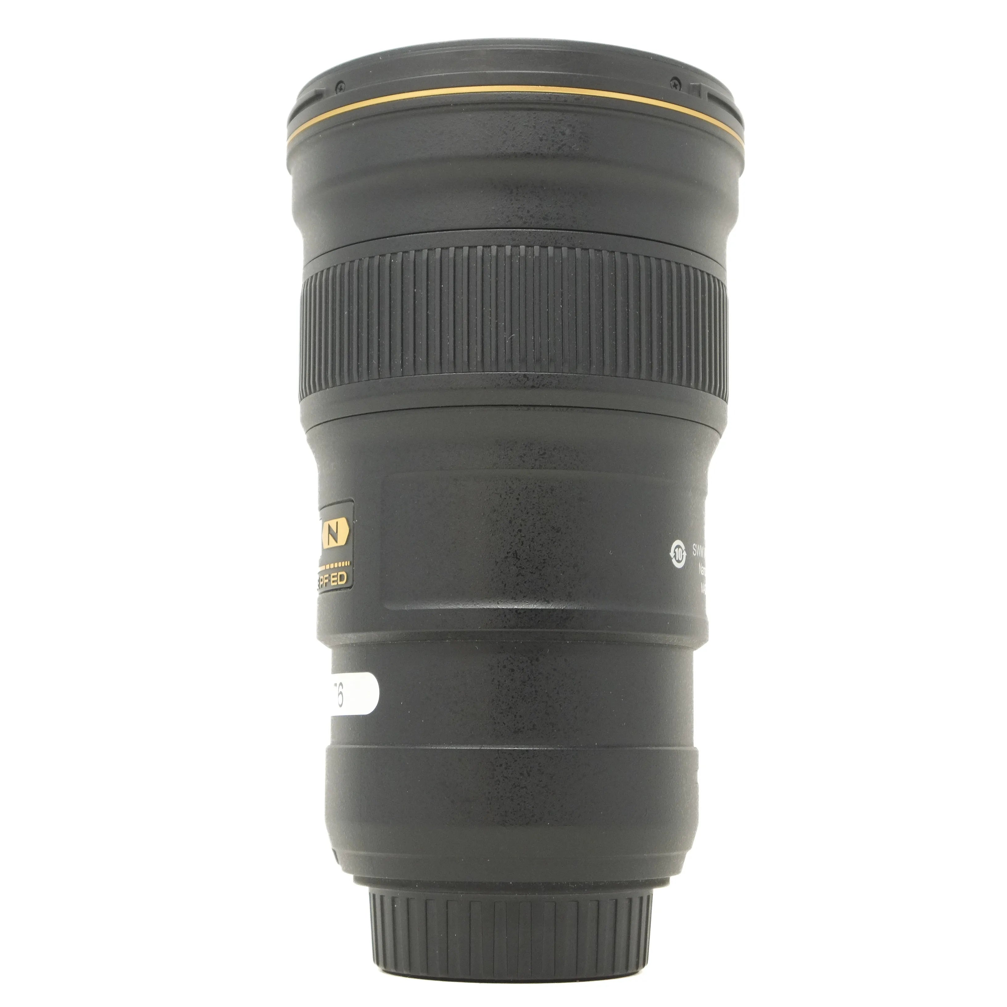 Camera lens with brand logo on a white background