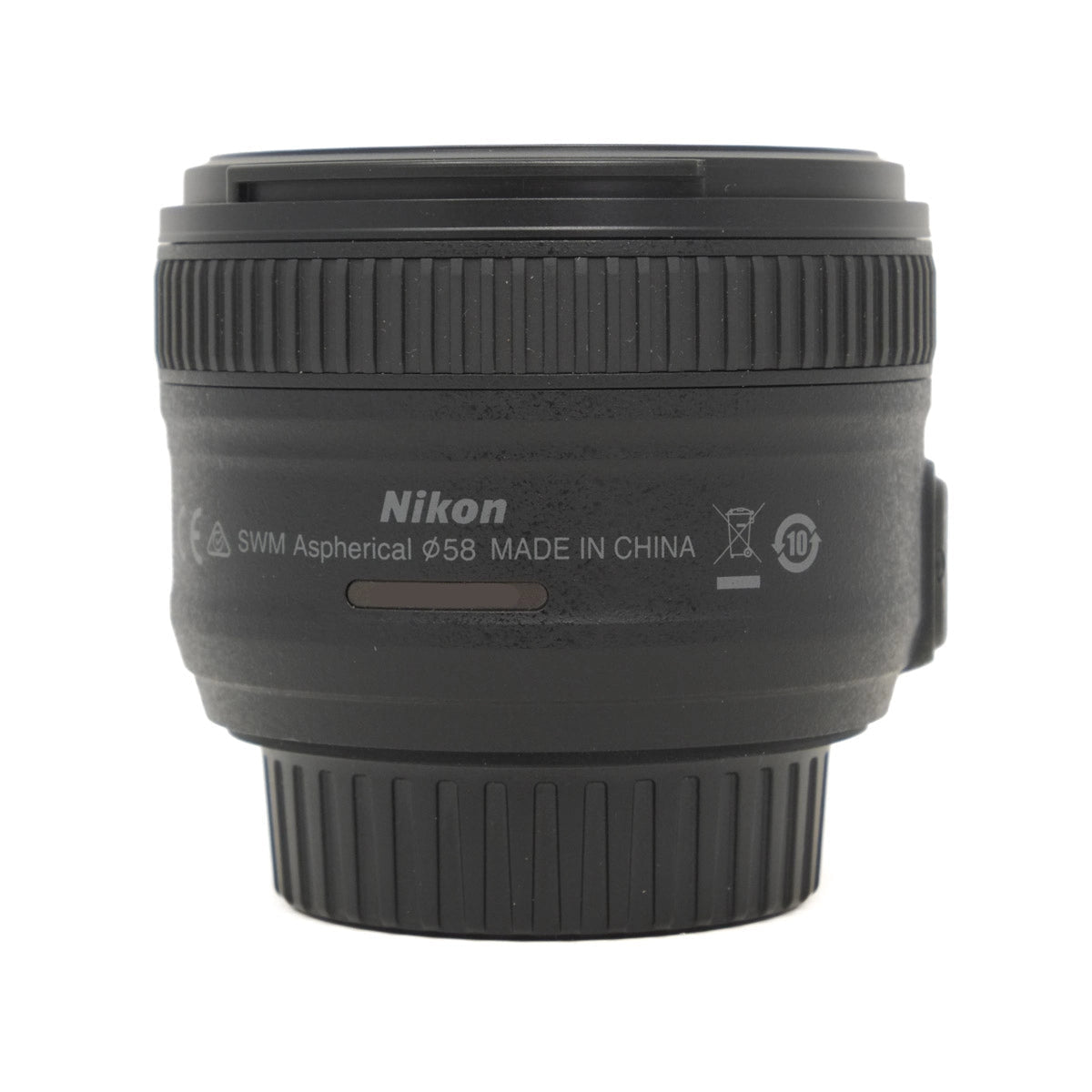 Nikon camera lens on a white background