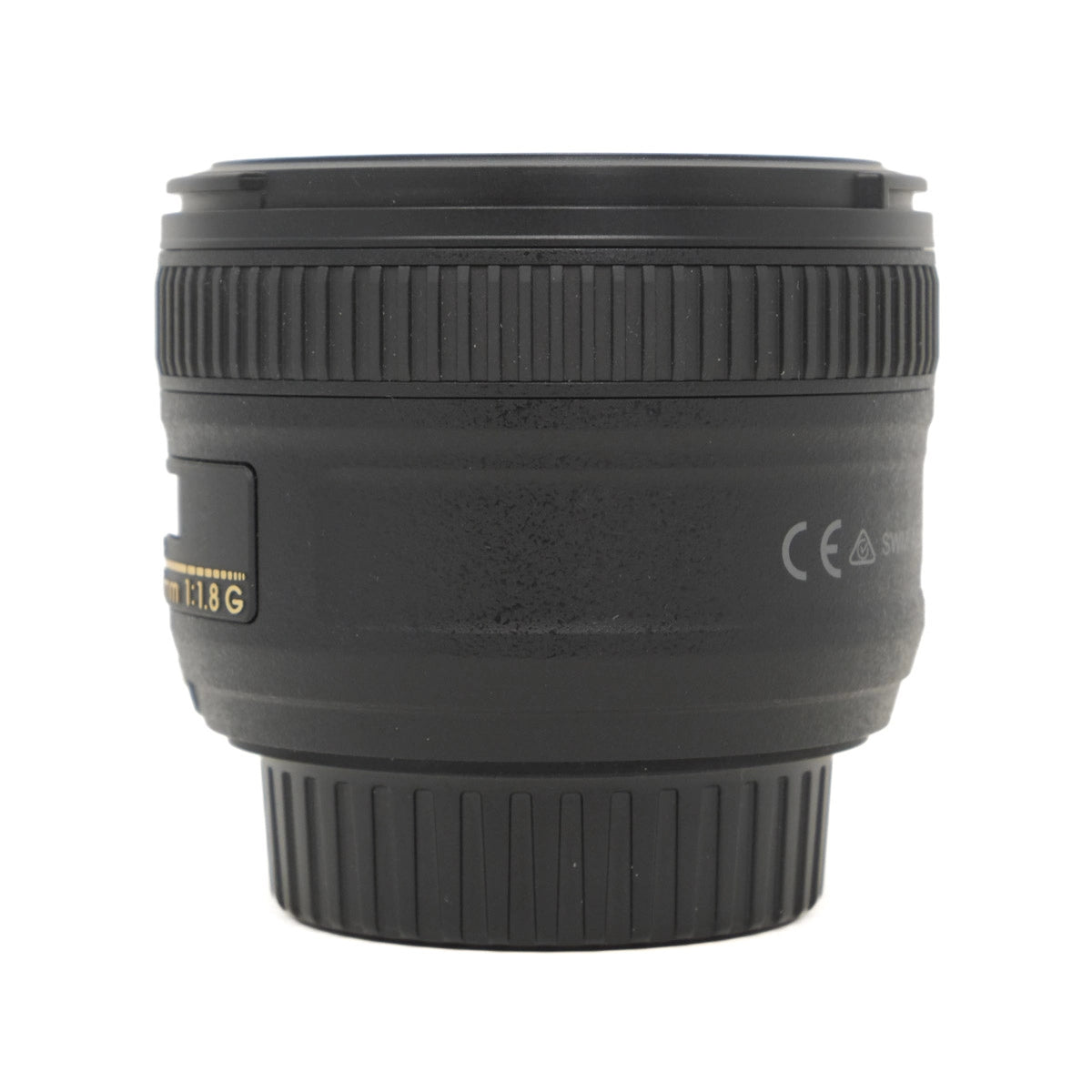 Black camera lens on a white background