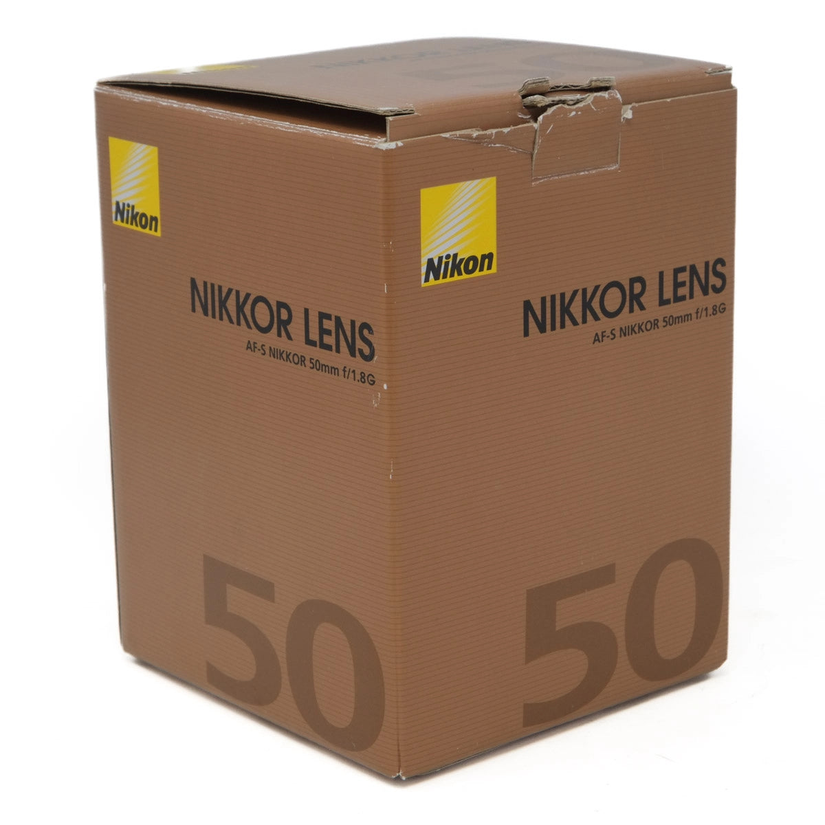 Cardboard box with Nikon Nikkor lens branding on a white background