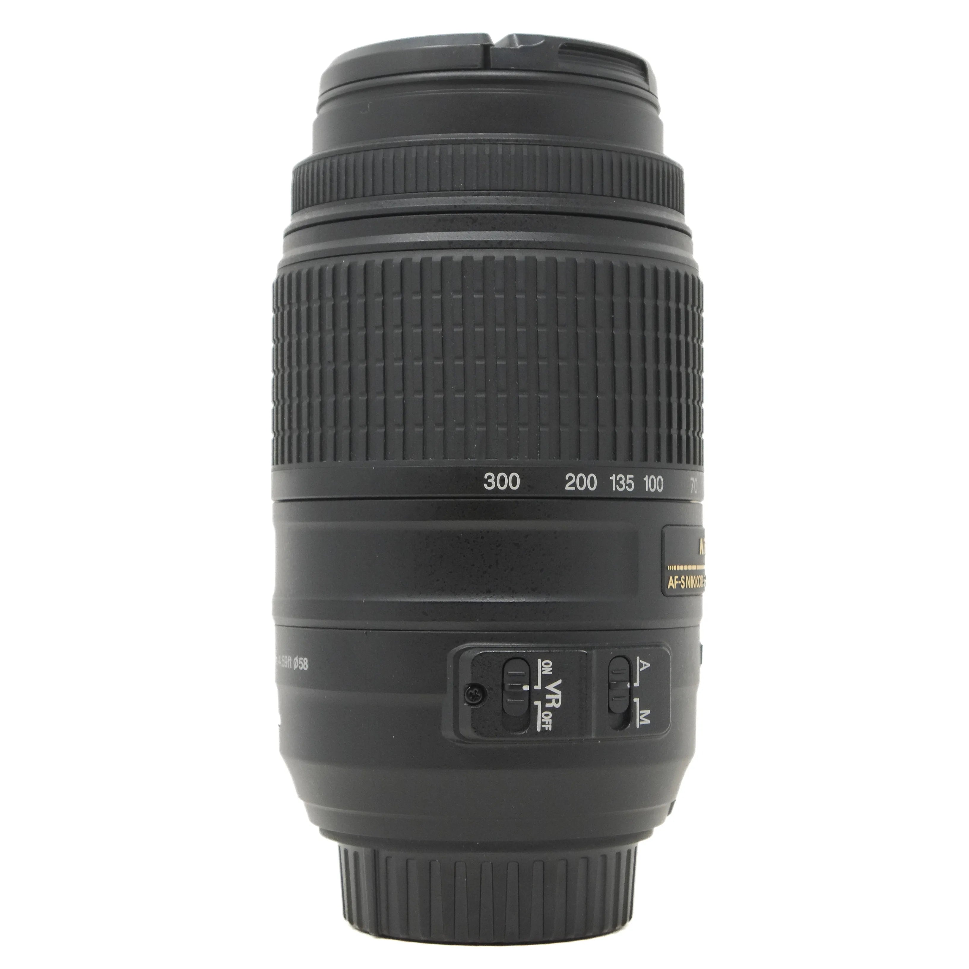 Camera lens with focus scale on a white background