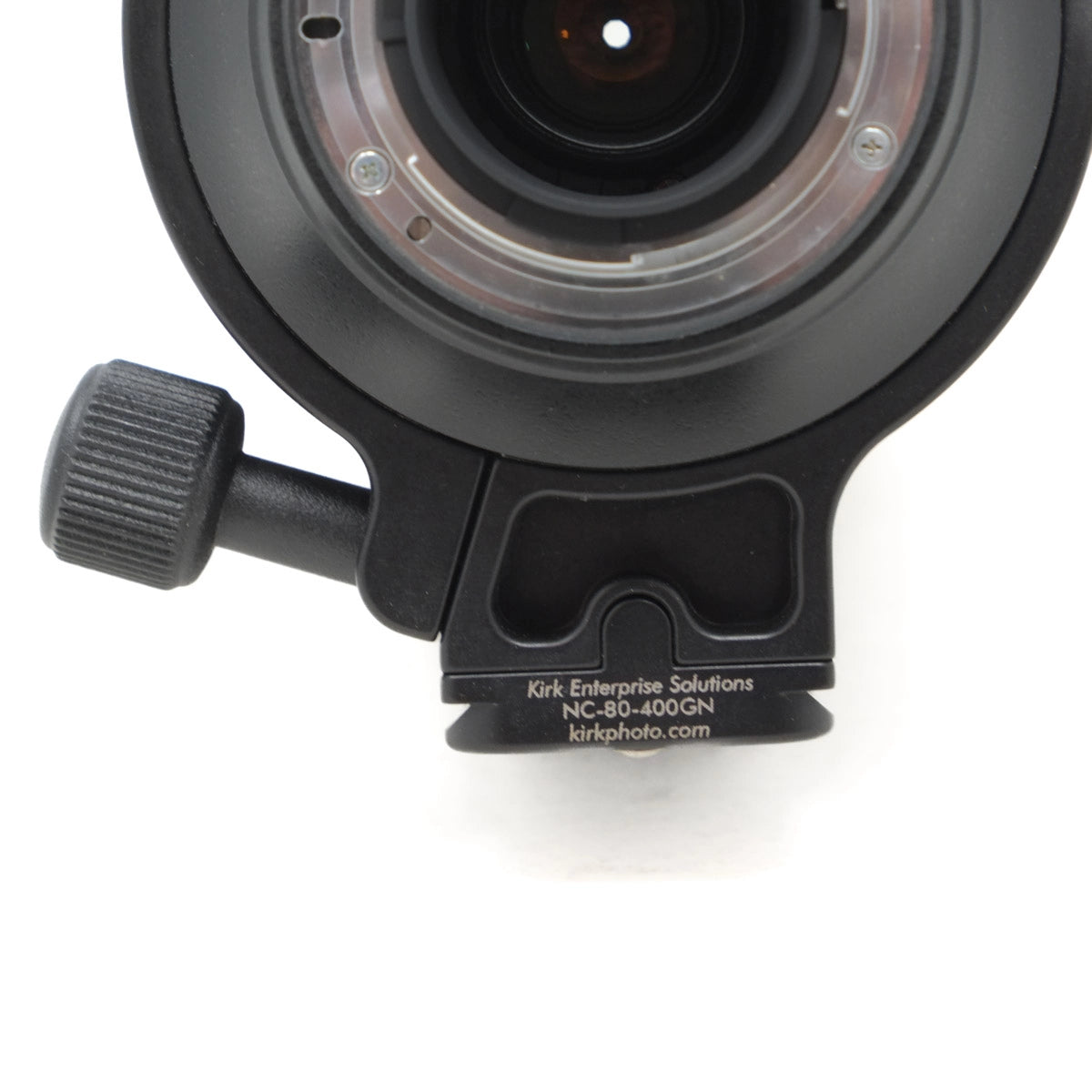 Camera lens with a black mount on a white background