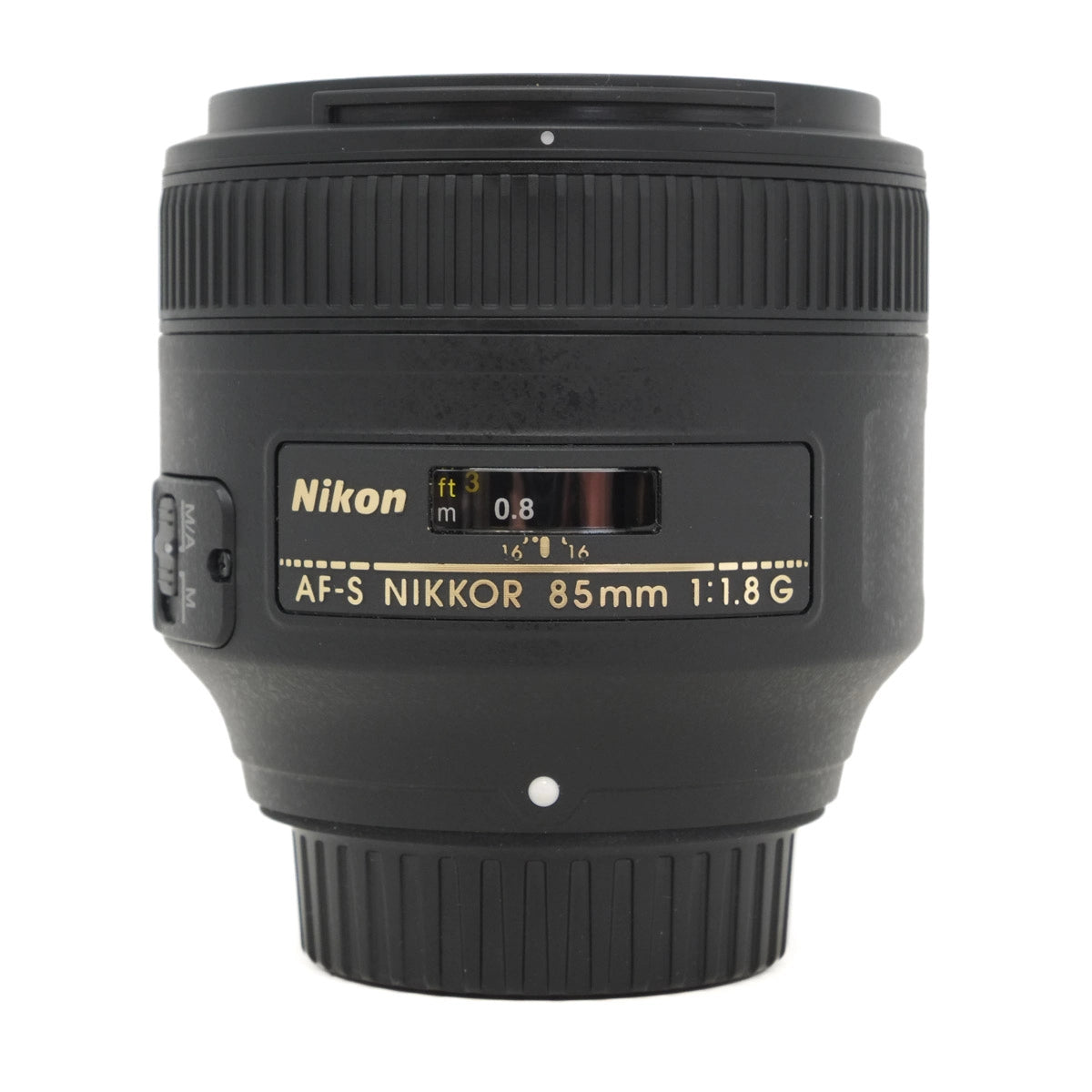 Nikon AF-S NIKKOR 85mm lens on a white background
